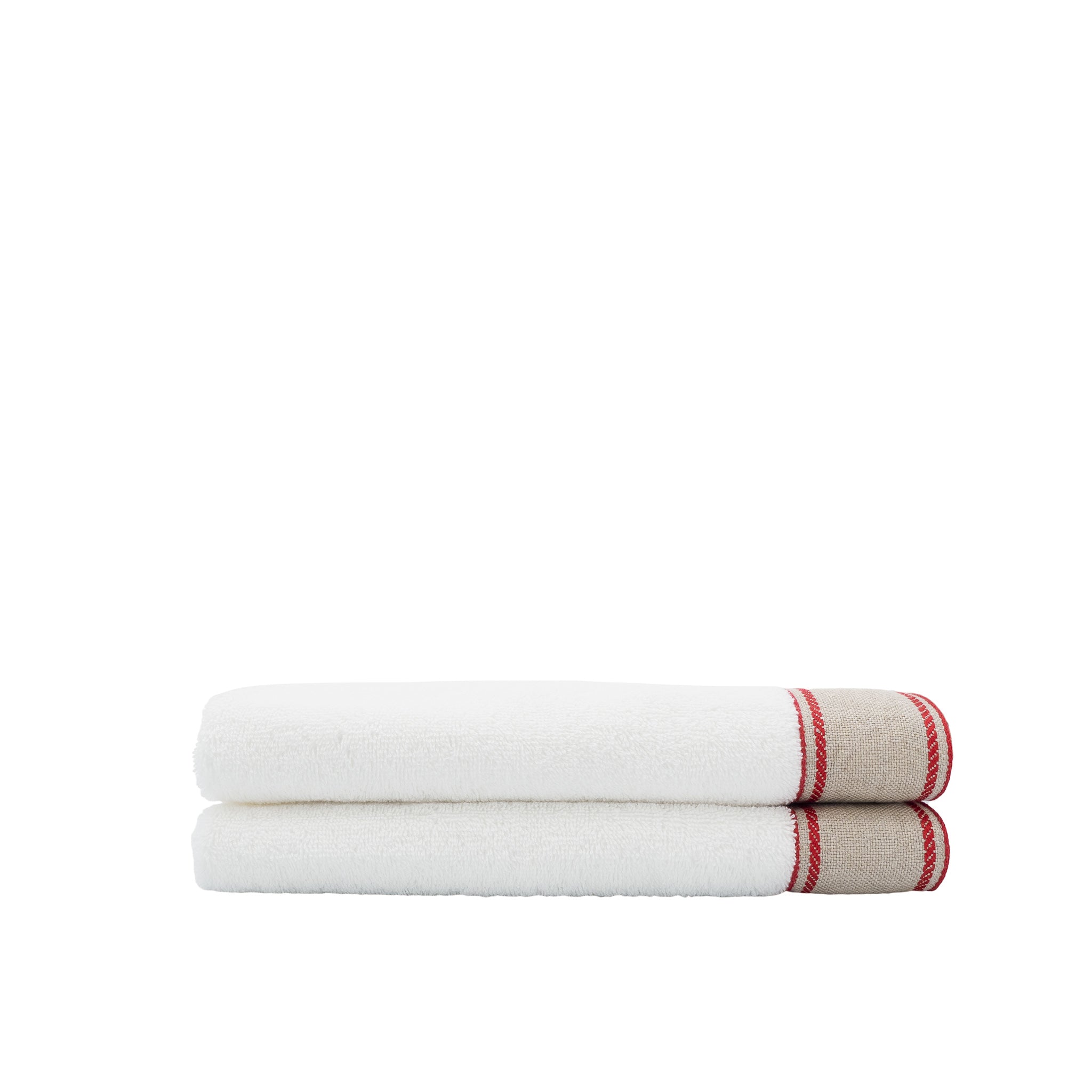 White Turkish cotton guest towel with red chain border detail.