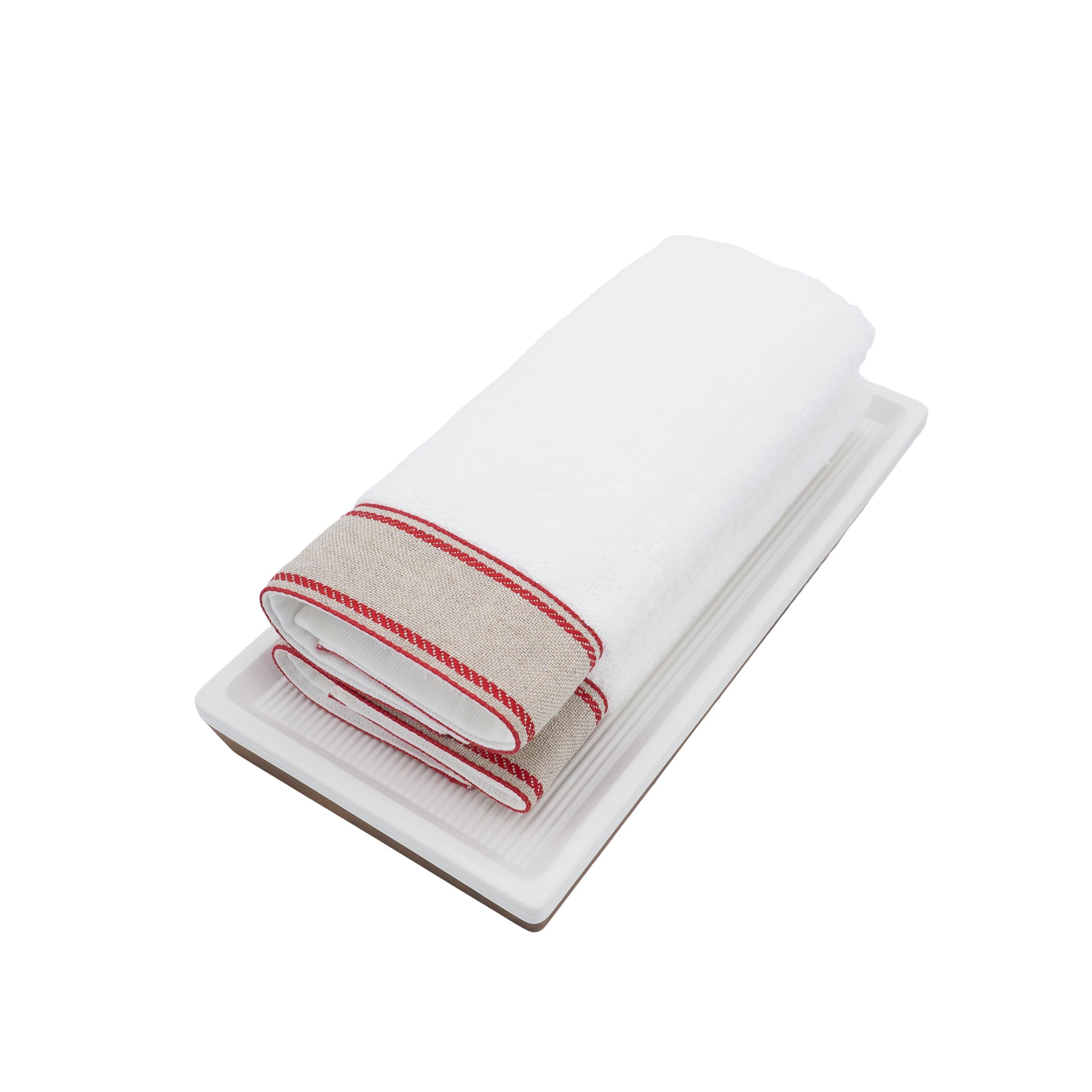 White Turkish cotton guest towels with red chain borders, set of 2.