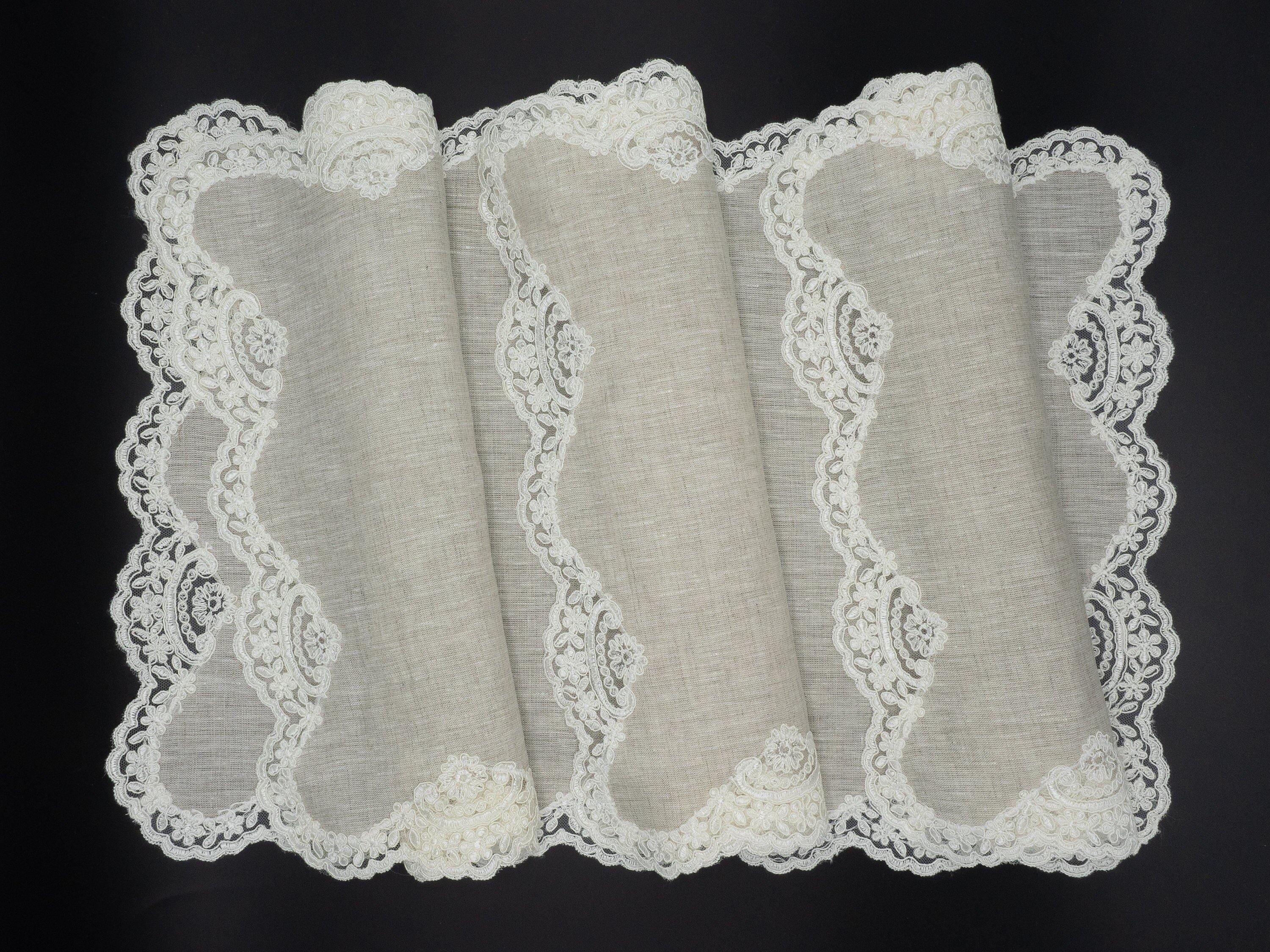 Set of 4 linen placemats with lace borders, handmade from high-quality linen, designed to add a luxurious touch to your table.