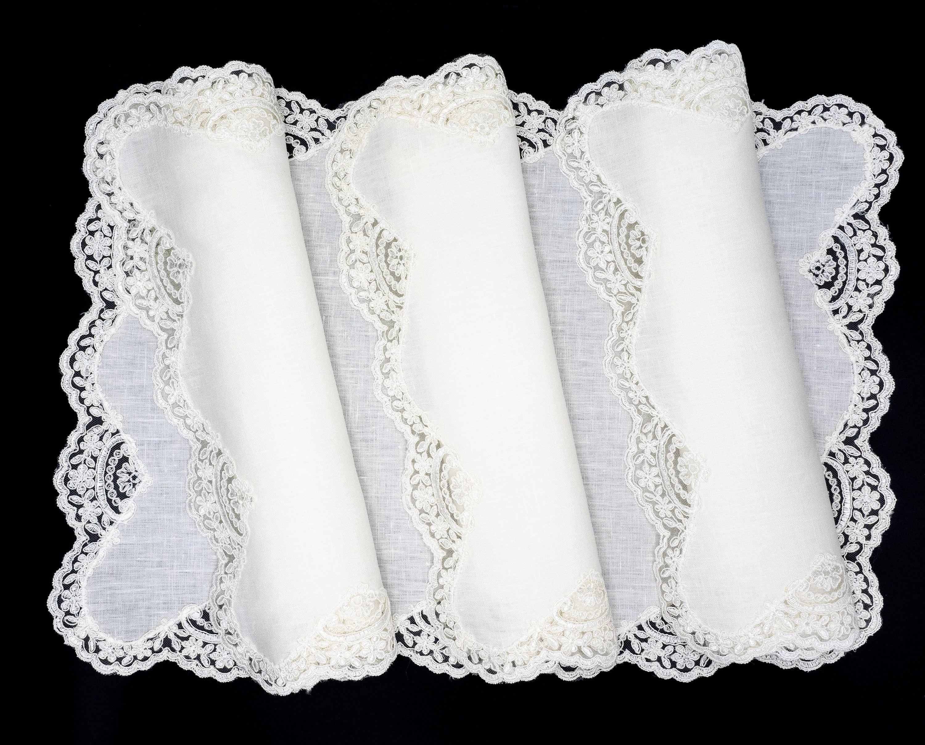 Set of 4 white linen placemats with lace borders, handmade for a refined dining table, crafted from high-quality linen.