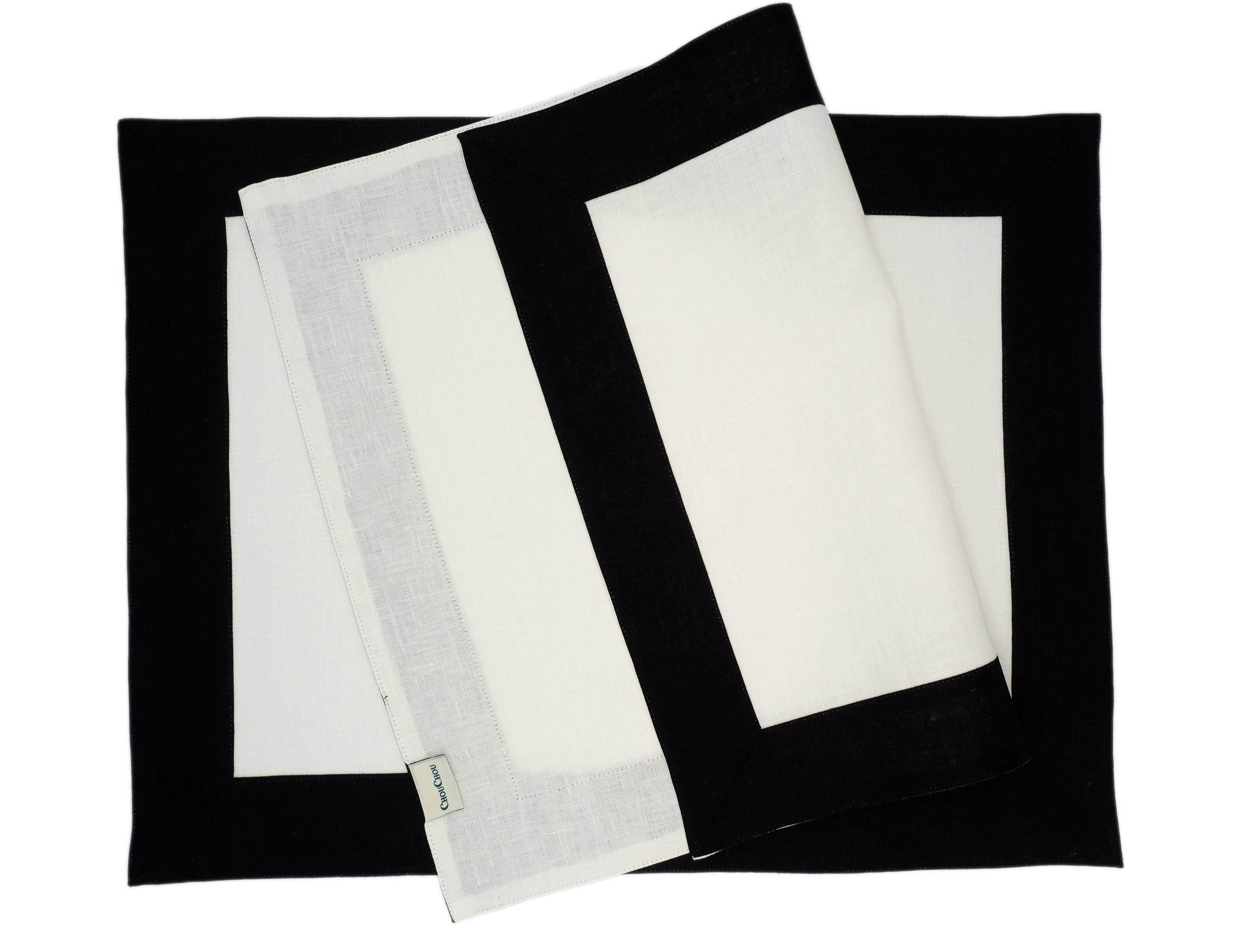 Set of 4 White Linen Placemats With Black Borders, crafted from 100% high-grade linen, measuring 15" x 20".