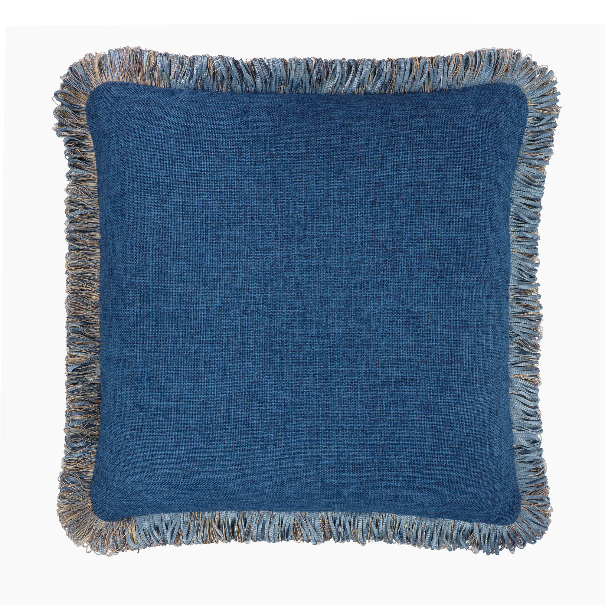 Luxurious Azure Cotton Throw Pillow, 20 x 20, with handmade fringes and secret zip, double-sided design for a chic and tactile home decor piece.