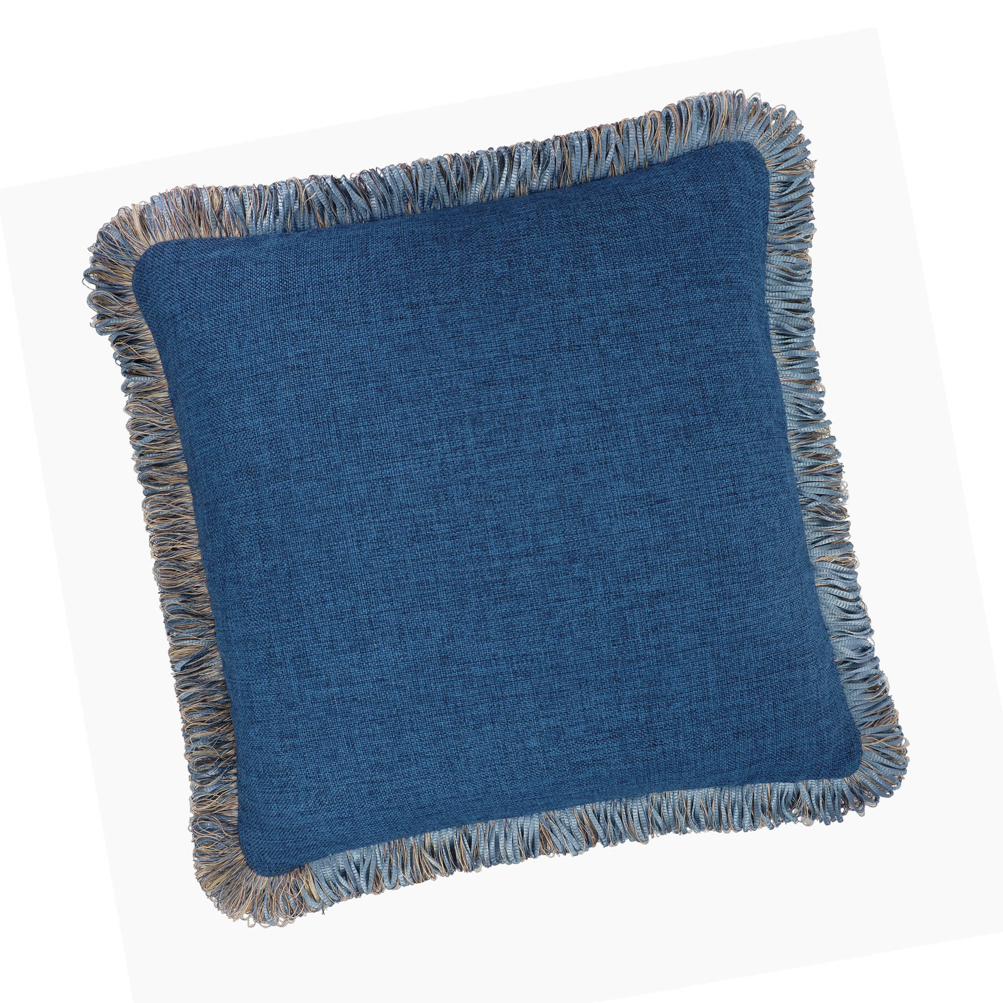 Chouchou Touch Azure Fringed Pillow, 20 x 20, double-sided, featuring a secret zip closure and plush cotton fabric for a stylish and cozy sofa accent.