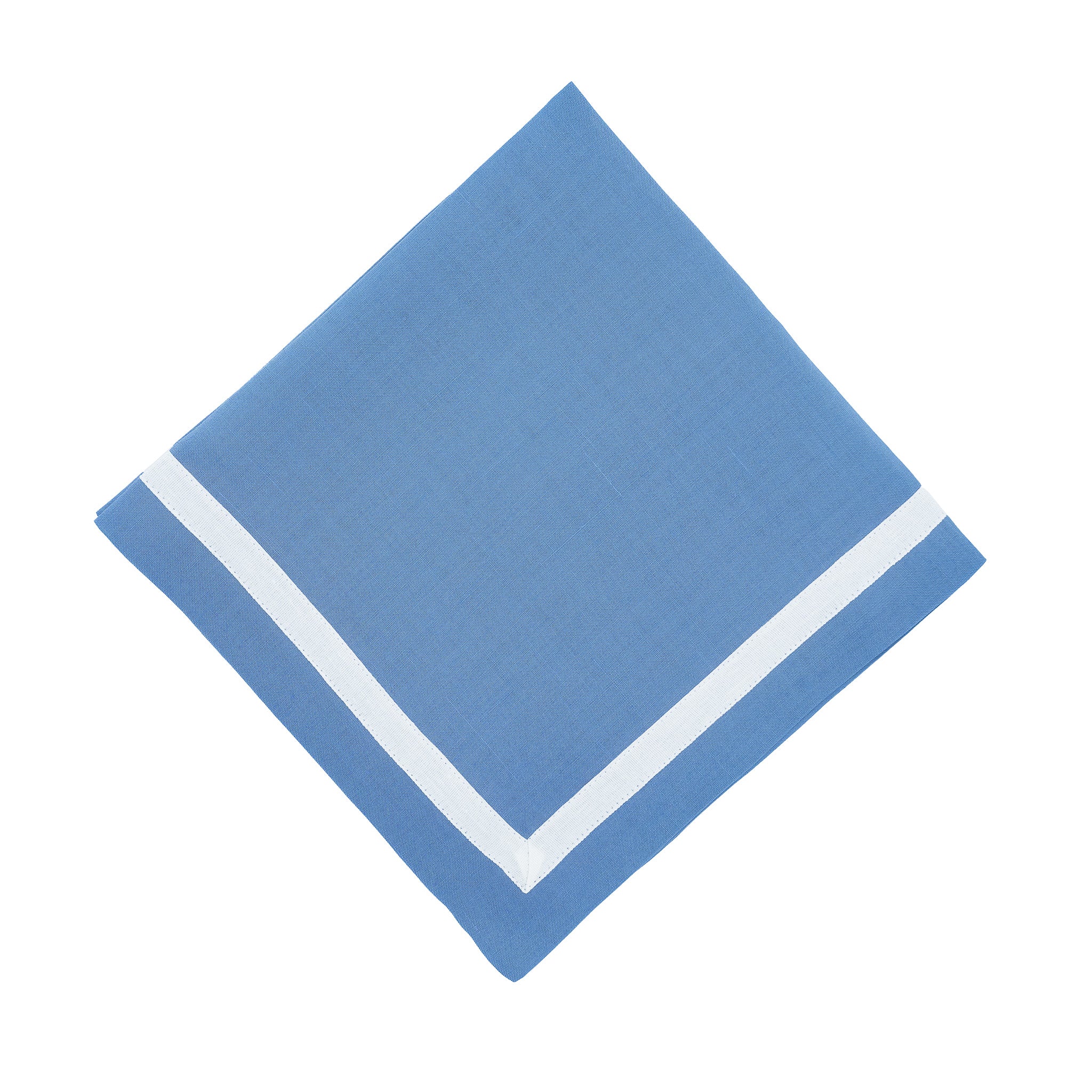 Premium blue linen napkins featuring elegant white borders, ideal for adding a sophisticated touch to your dining decor.