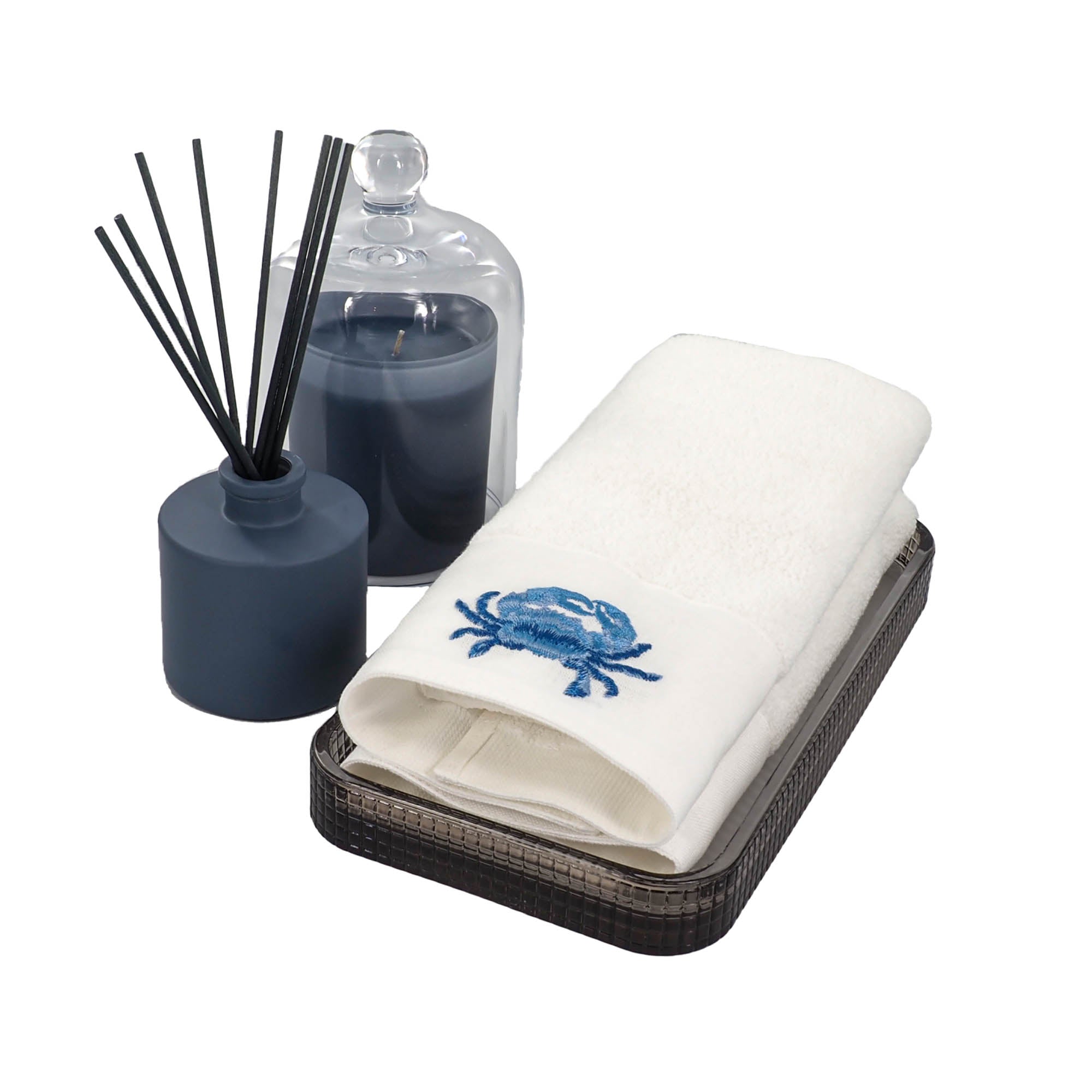 100%Turkish cotton towel with crab design on a white background, set of two guest towel, soft, absorbent and elegant