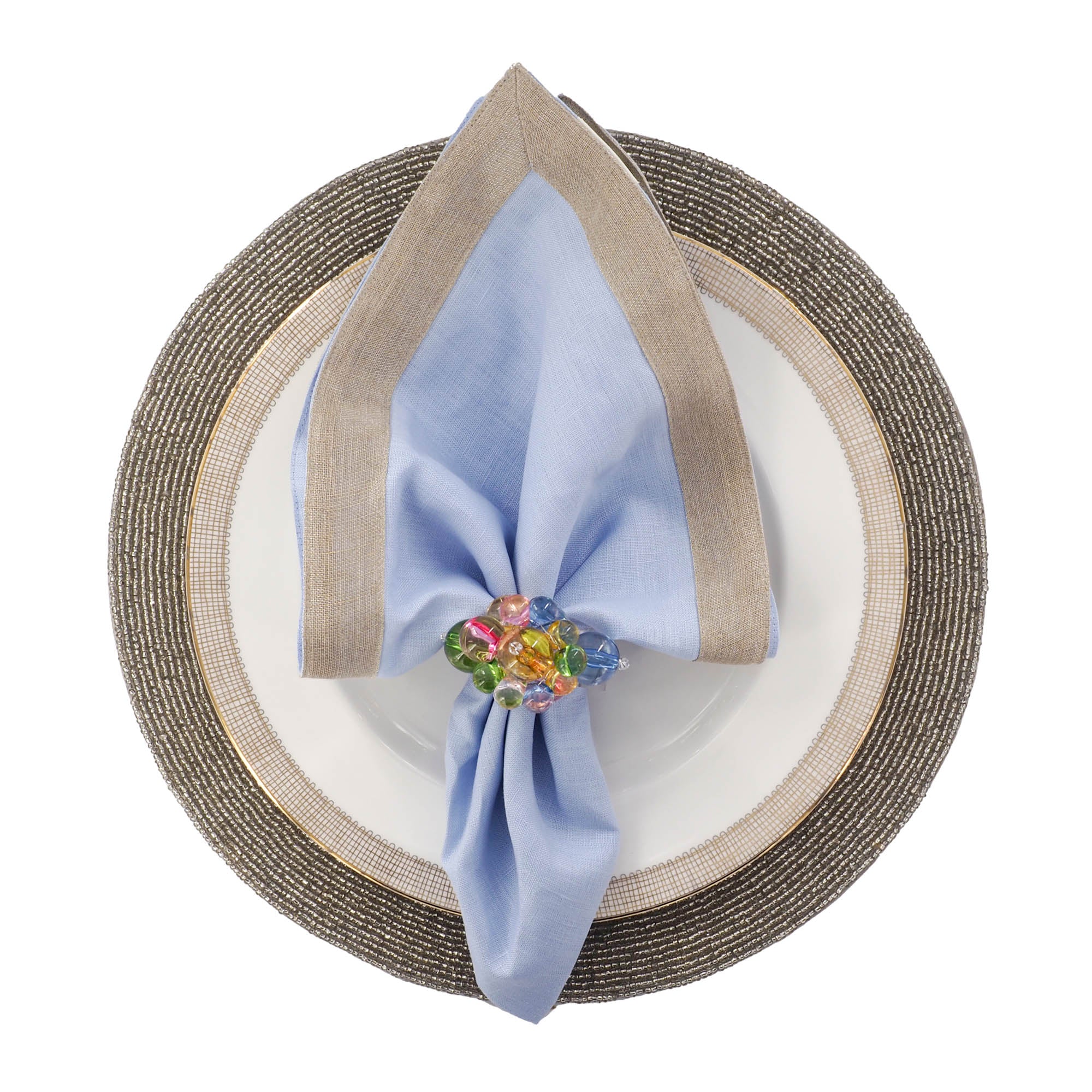 Blue Linen Napkins With Sparkle Borders, Set of 4