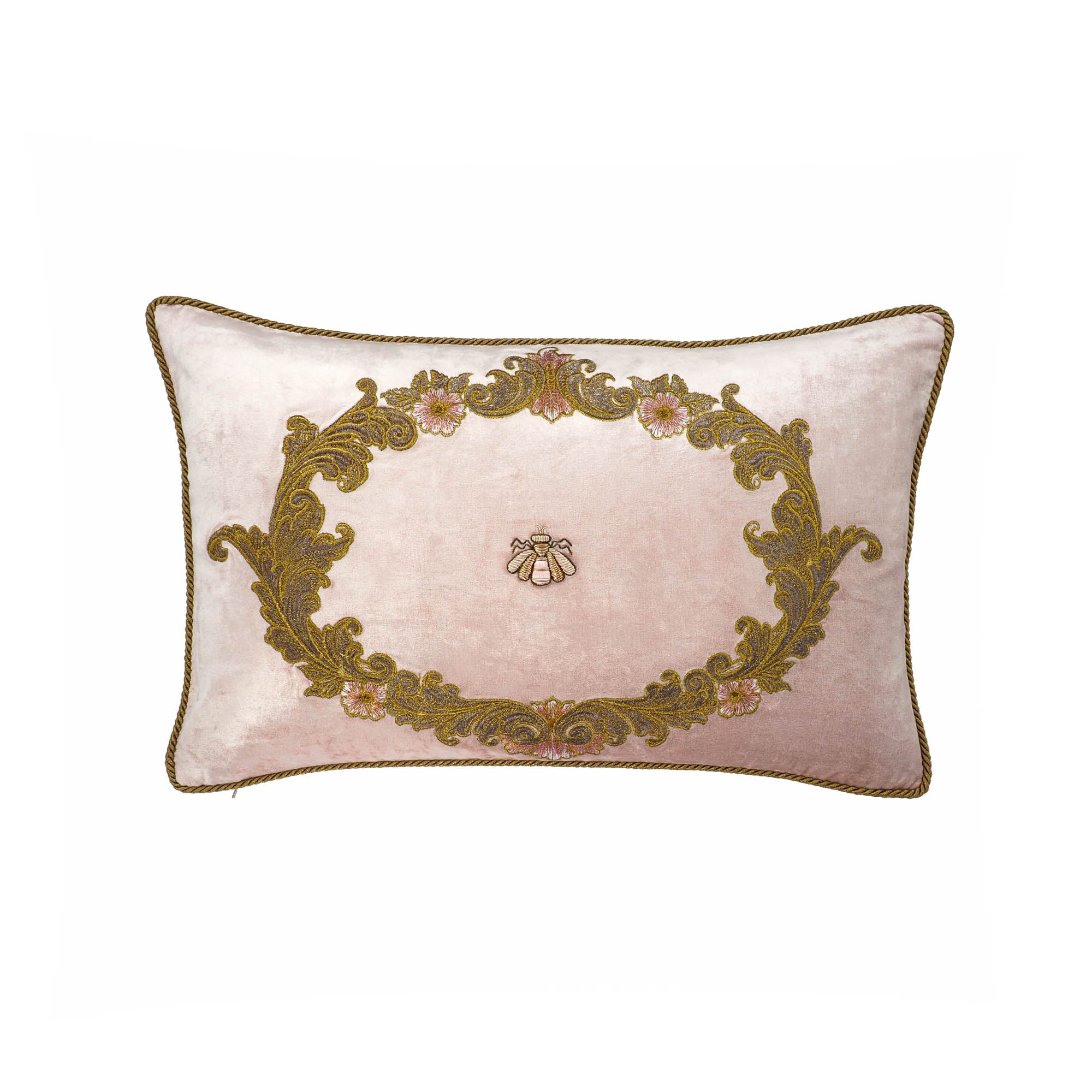 rose pink silk velvet throw pillow with bee embroidery and gold floral baroque details 