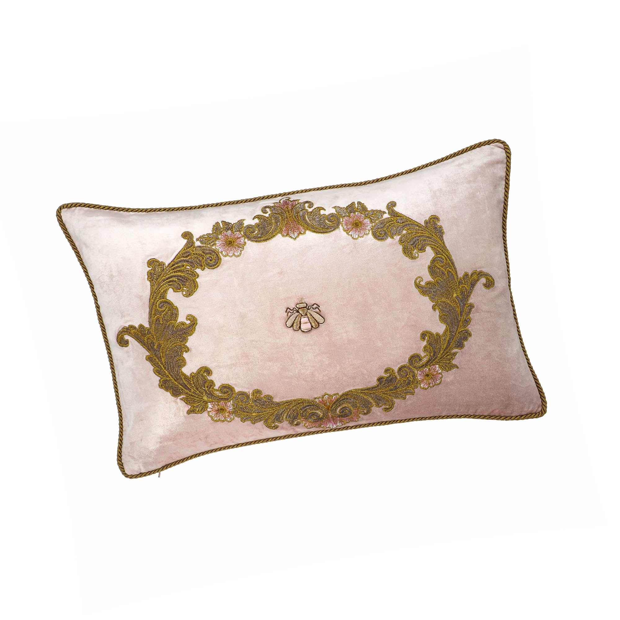 handcrafted rose pink silk velvet cushion with ornate embroidery and bee motif