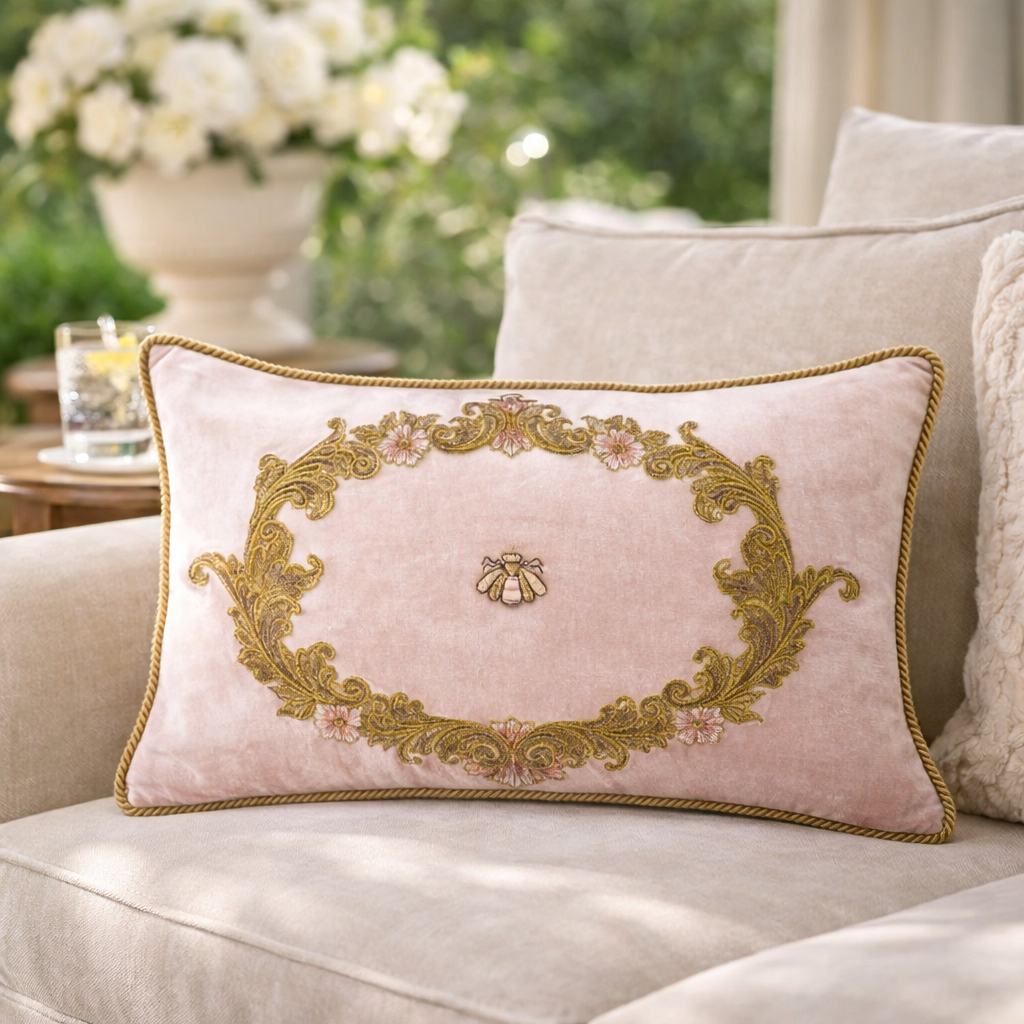 pink silk velvet bumble bee embroidered lumbar pillow cover 12x20 with gold baroque wreath design on a cream sofa in a bright living room
