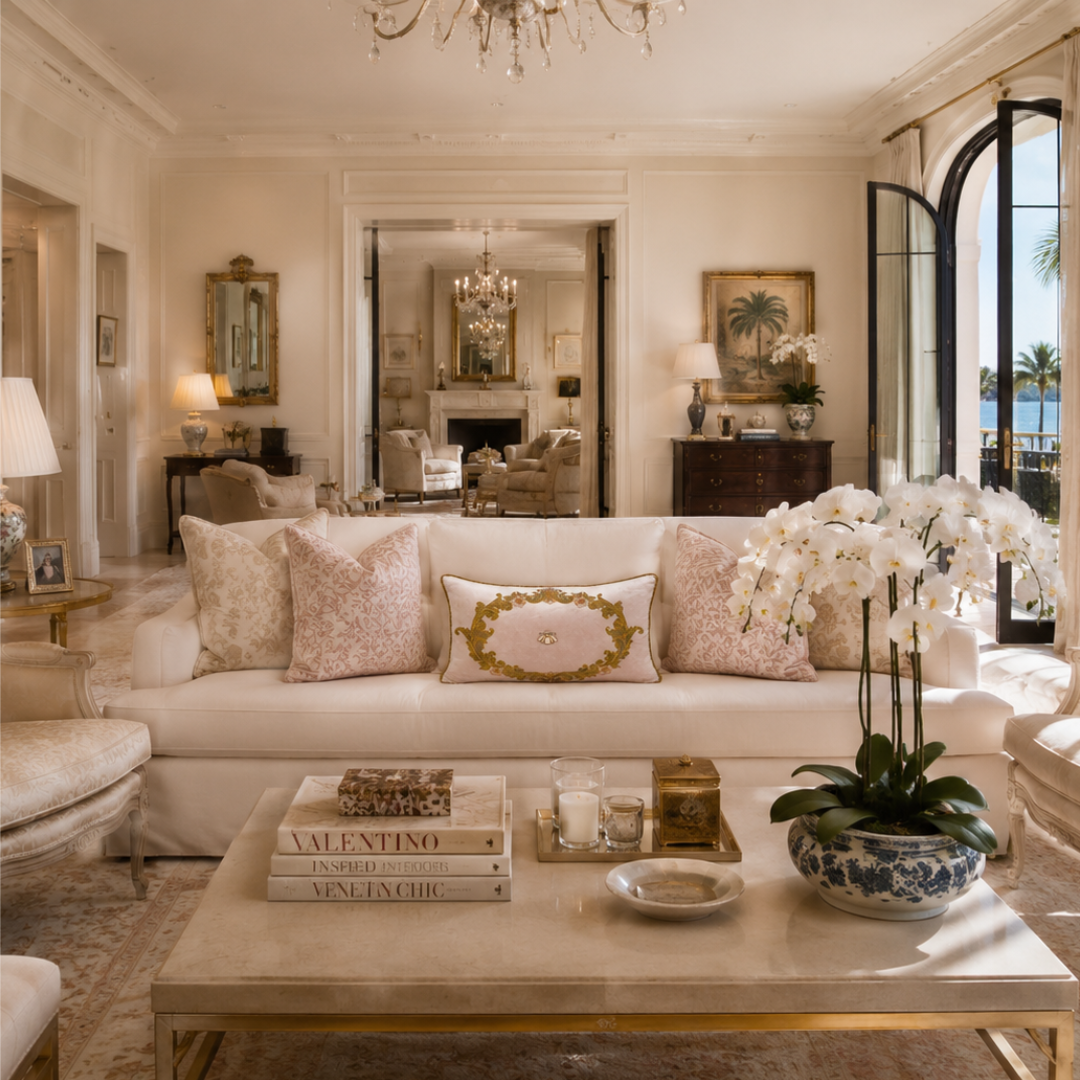 Venice Bee embroidered lumbar pillow styled on a cream sofa in an elegant luxury living room, blush velvet accent pillows and classic European-inspired interior decor