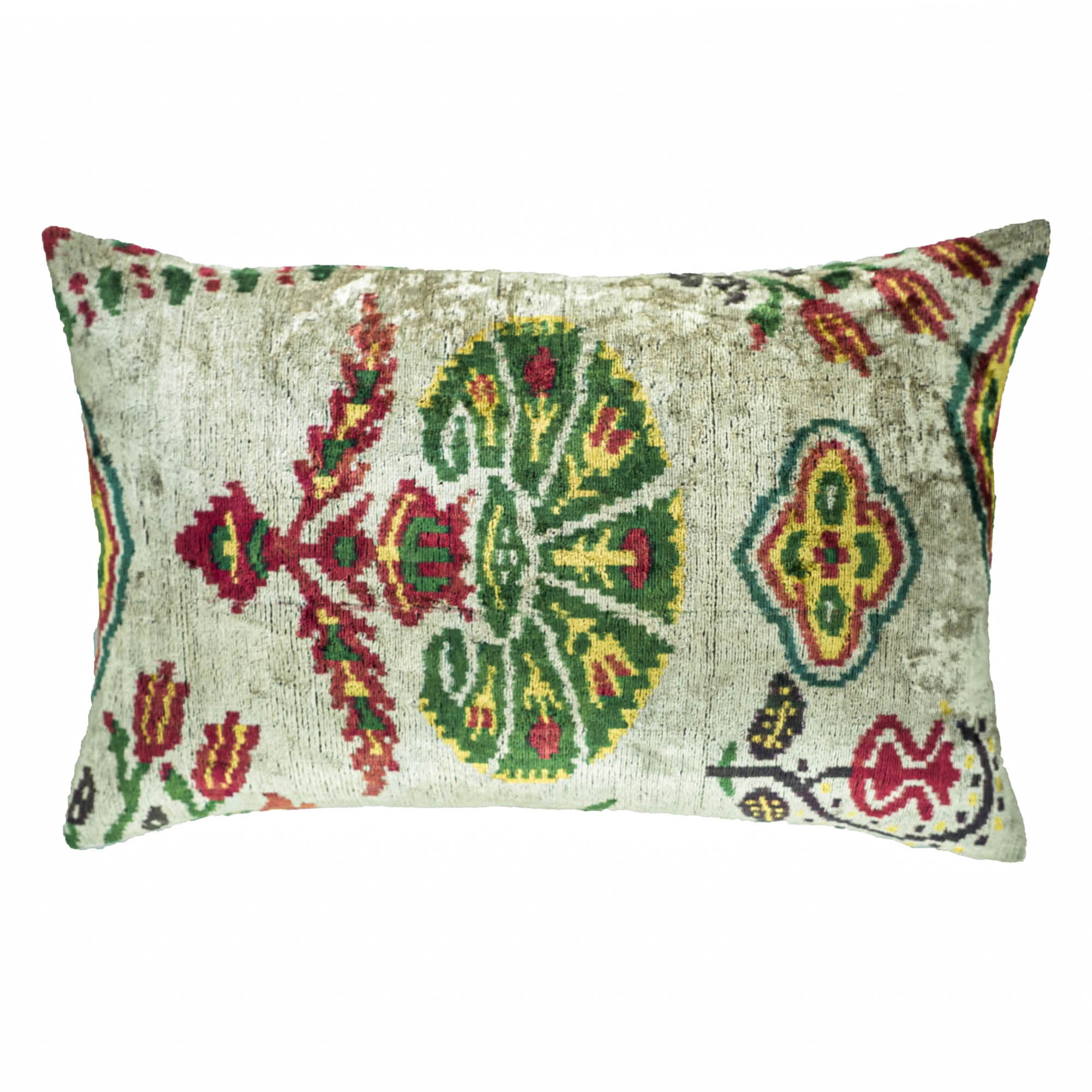 Handmade Ikat pillow in 16" x 24" size, crafted from luxurious silk velvet with intricate carnation-inspired designs.
