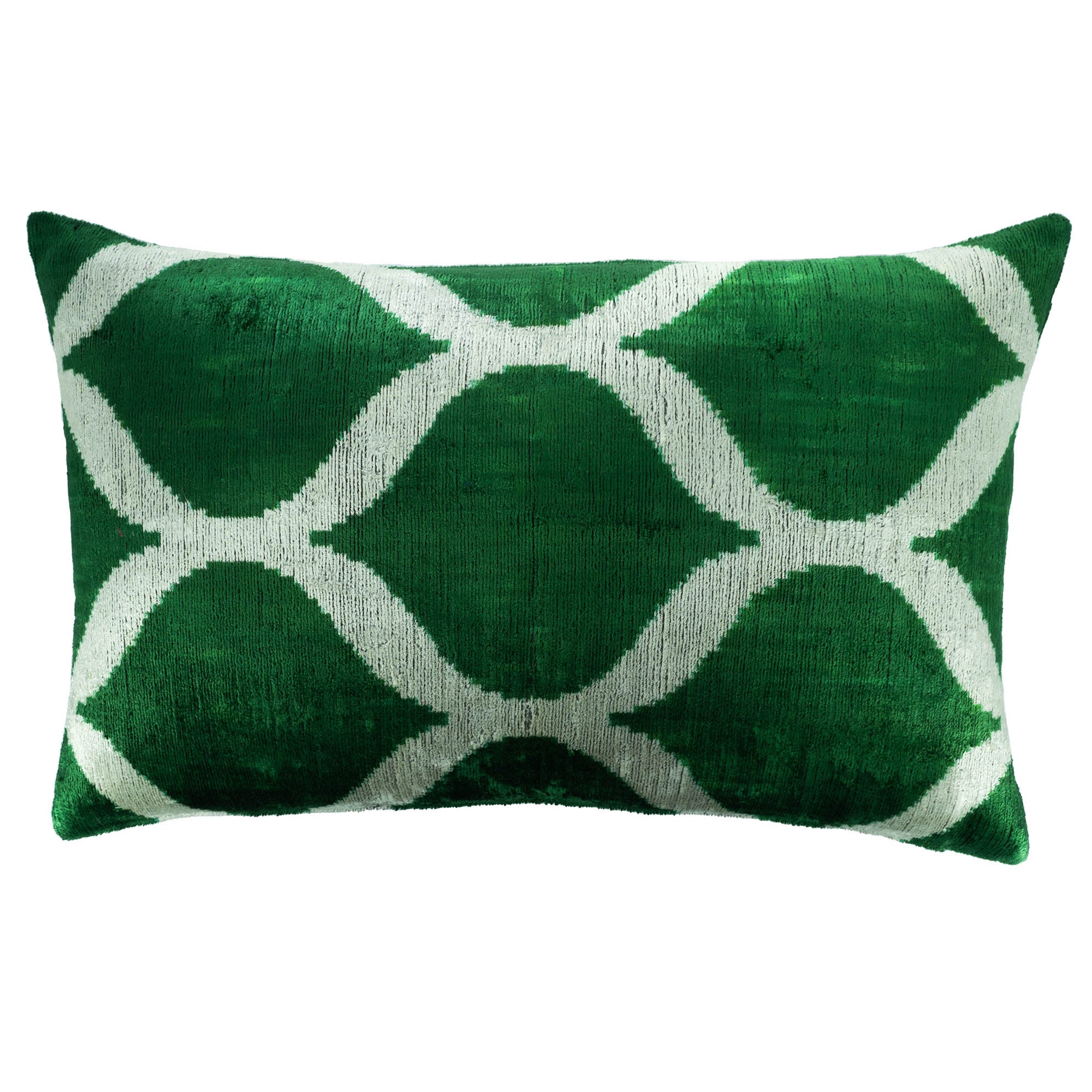 Lustrous green silk velvet pillow cover with an intricate white geometric design.
