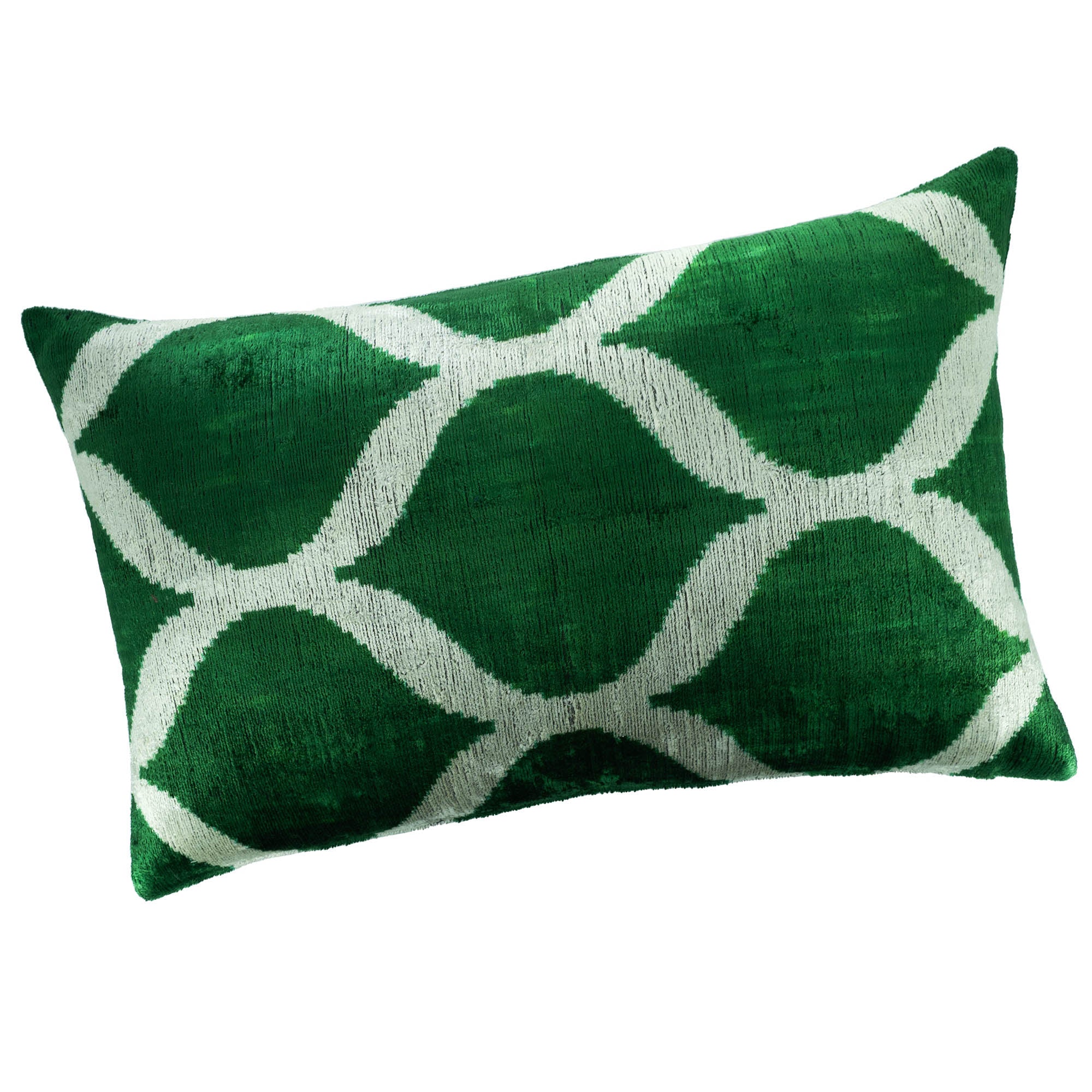 Premium quality 16" x 24" Ikat pillow in green silk velvet with a handwoven white pattern.
