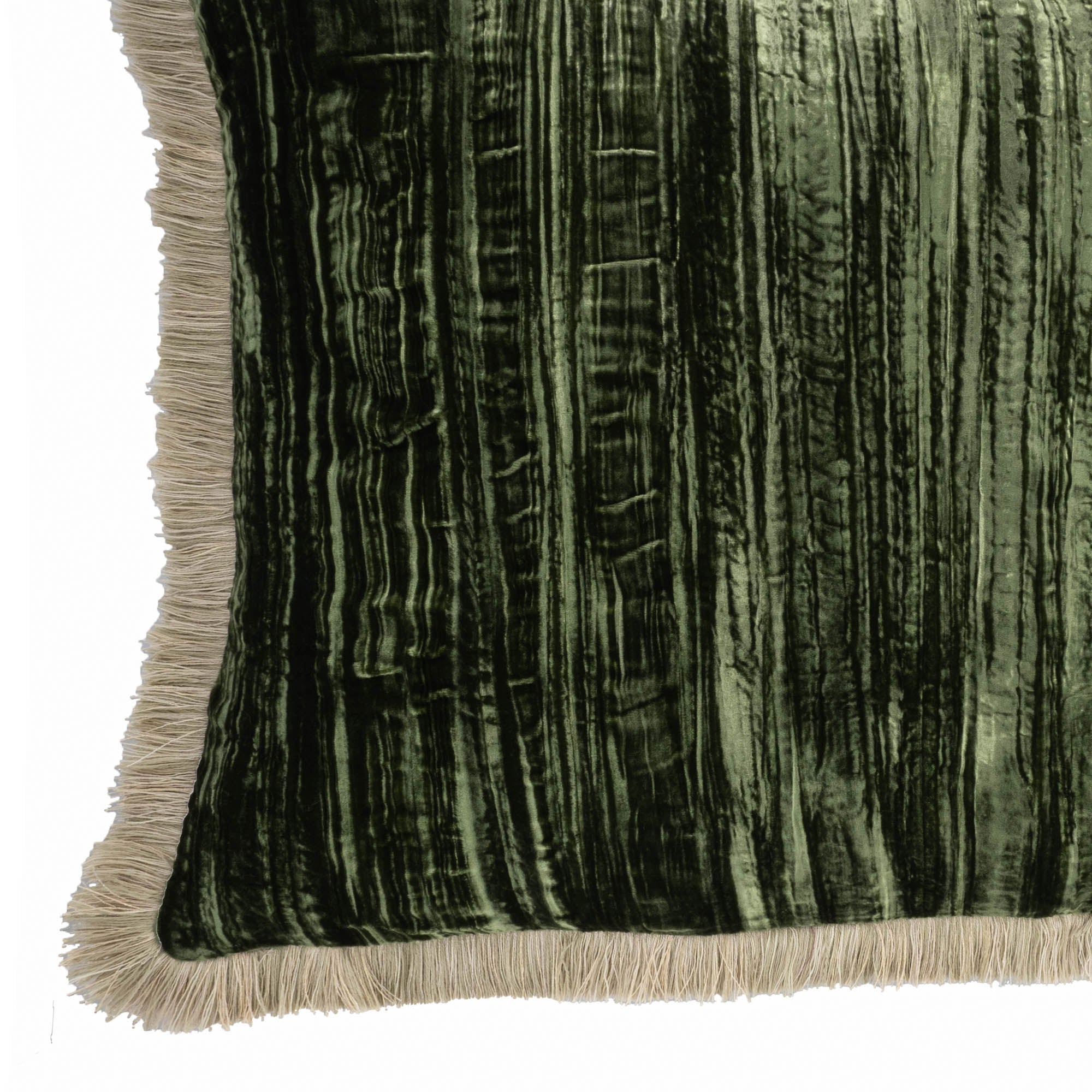 Green Silk Velvet Throw Pillow, Beige Fringes 20" X 20"