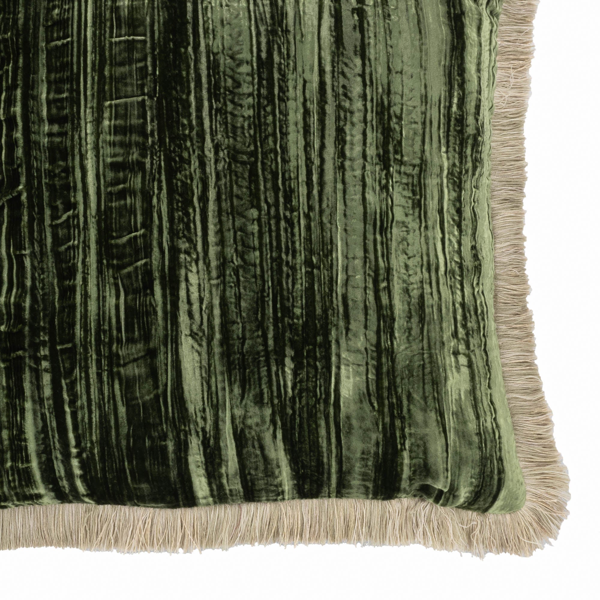 Green Silk Velvet Throw Pillow, Beige Fringes 20" X 20"