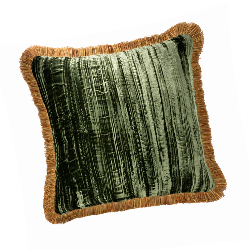 Green Silk Velvet Throw Pillow, Orange Fringes 20" 20"