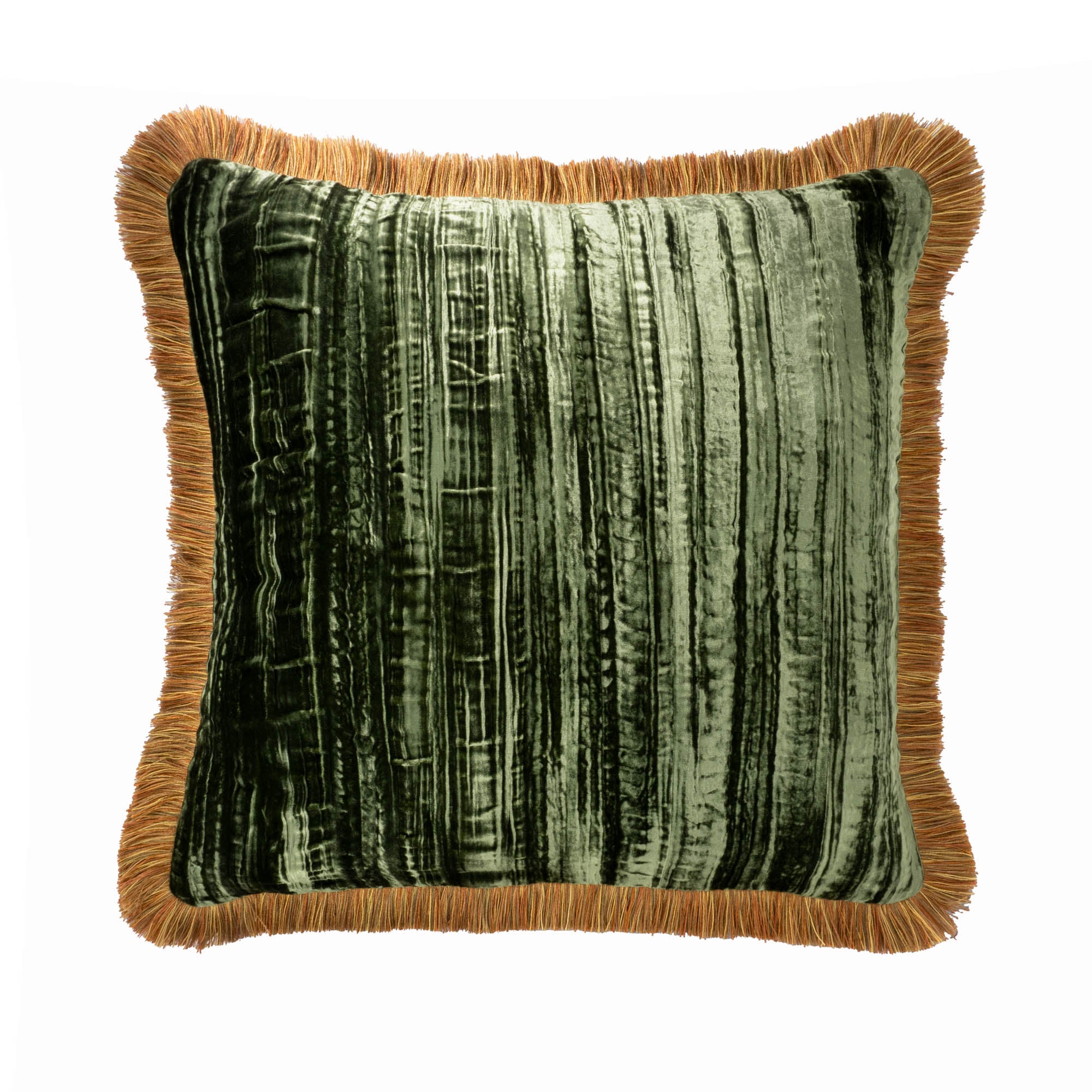 Green Silk Velvet Throw Pillow with Handmade Orange Fringes, 20 x 20, double-sided for a colorful and tactile luxury touch on your couch.