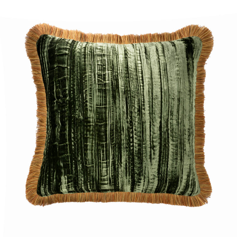 Green Silk Velvet Throw Pillow, Orange Fringes 20" 20"