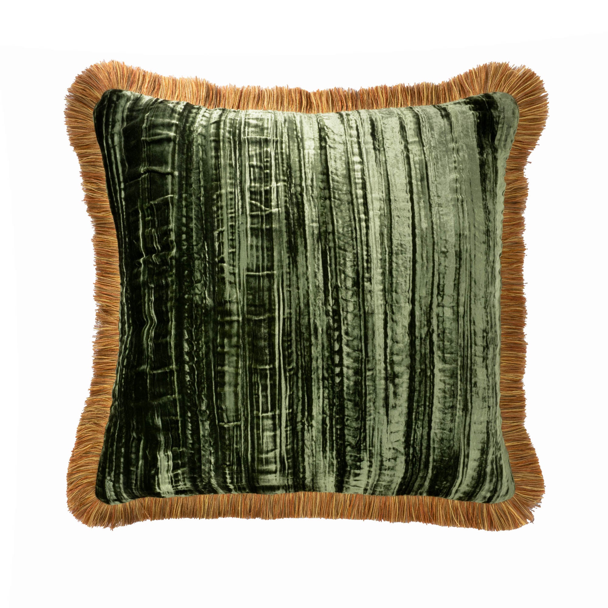 Chouchou Touch Green Silk Velvet Throw Pillow, 20 x 20, double-sided with contrasting orange fringes for a sophisticated and colorful accent.