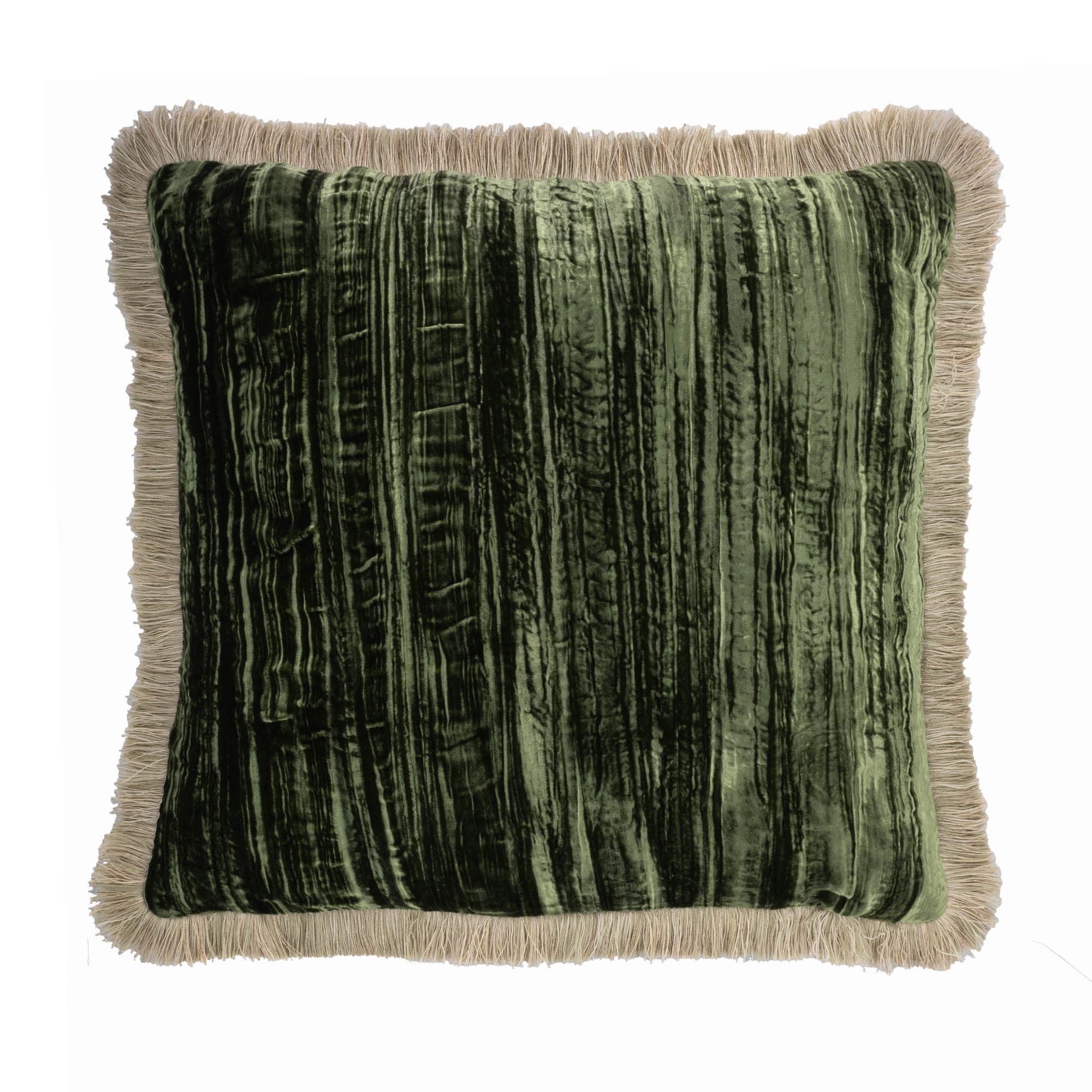 Chouchou Touch Green Silk Velvet Throw Pillow with Beige Fringes, 20 x 20, double-sided, offering a luxurious feel and sophisticated look for your sofa.