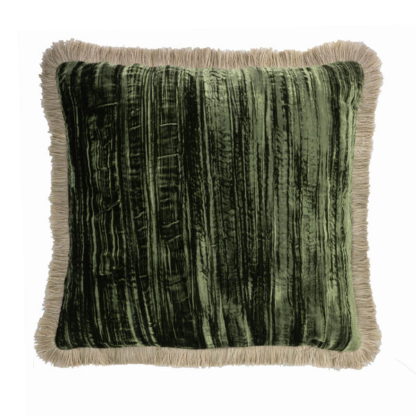 Green Silk Velvet Throw Pillow, Beige Fringes 20" X 20"