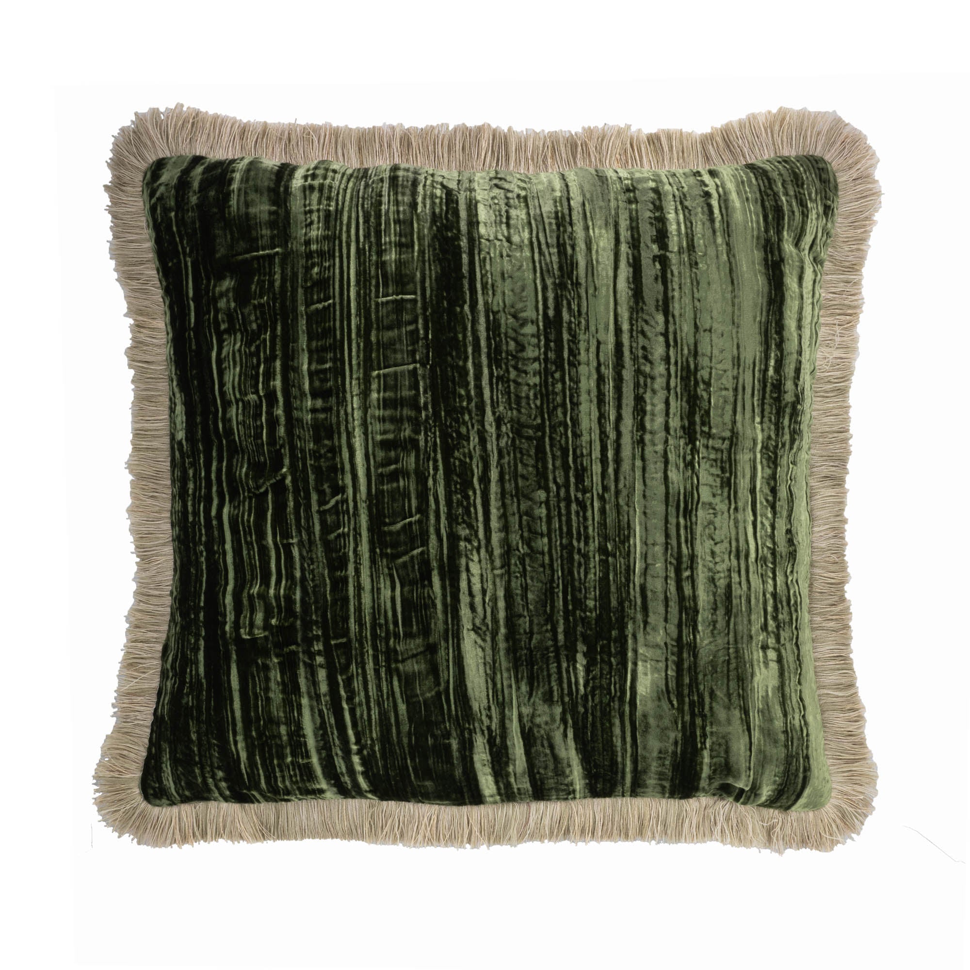 Green Silk Velvet Throw Pillow, 20 x 20, with handmade beige fringes, a double-sided design that adds elegance and texture to your living room decor.