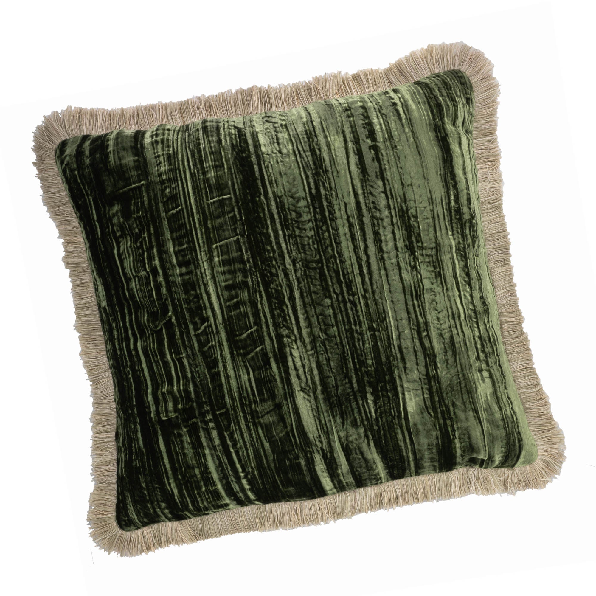 Green Silk Velvet Throw Pillow, Beige Fringes 20" X 20"