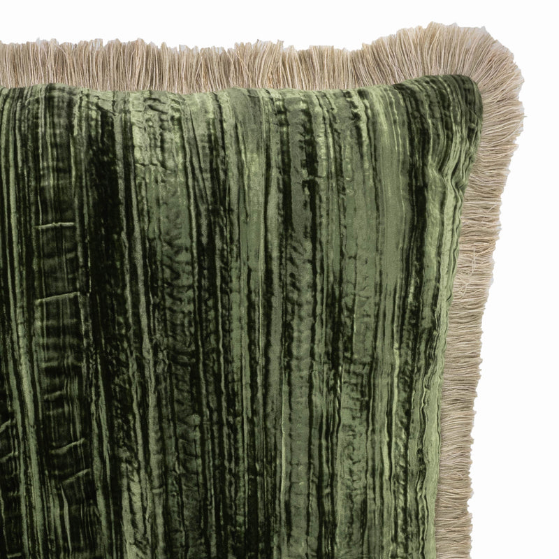 Green Silk Velvet Throw Pillow, Beige Fringes 20" X 20"