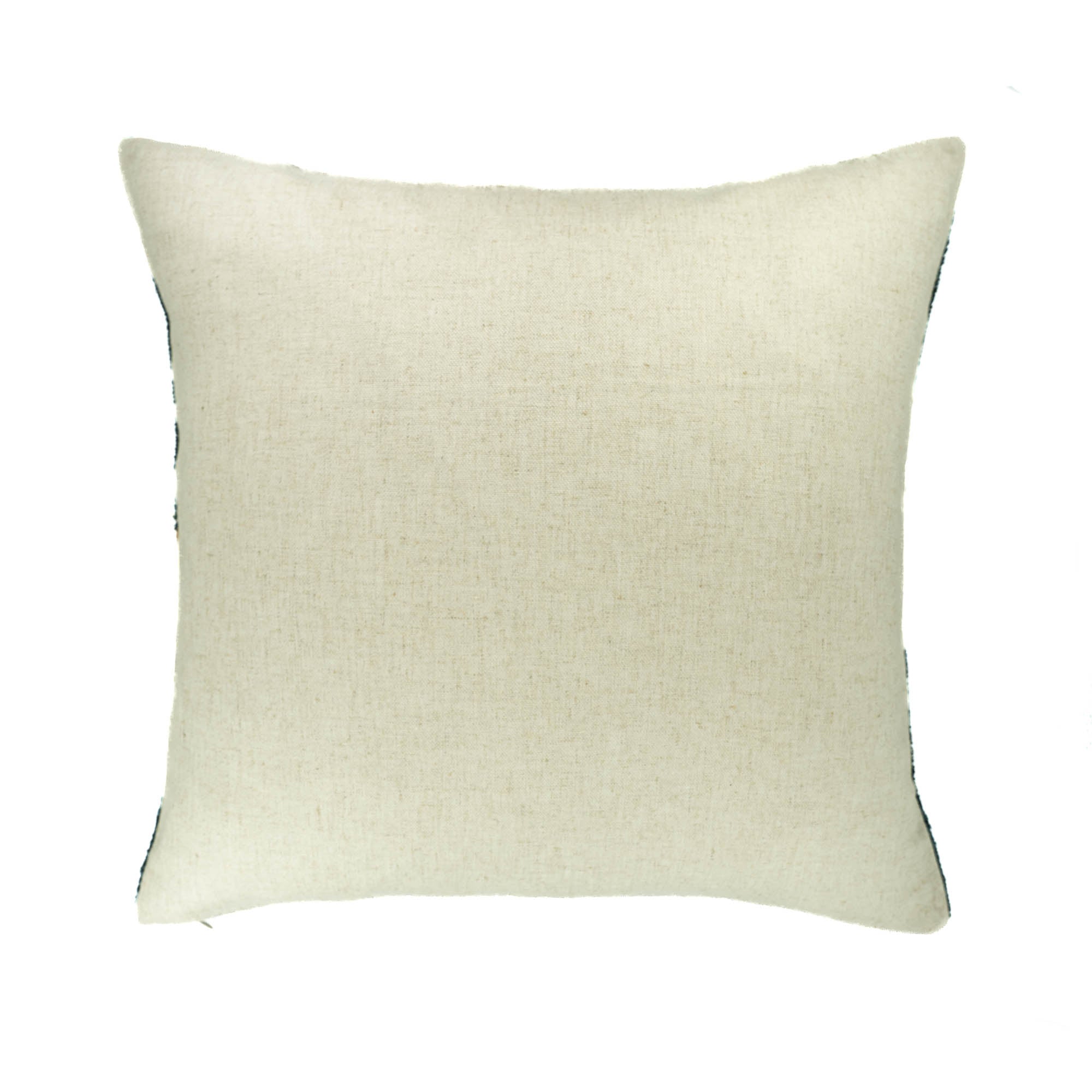 Solid natural linen backing on aqua green silk velvet ikat pillow cover, featuring a clean tailored finish and hidden zipper closure.