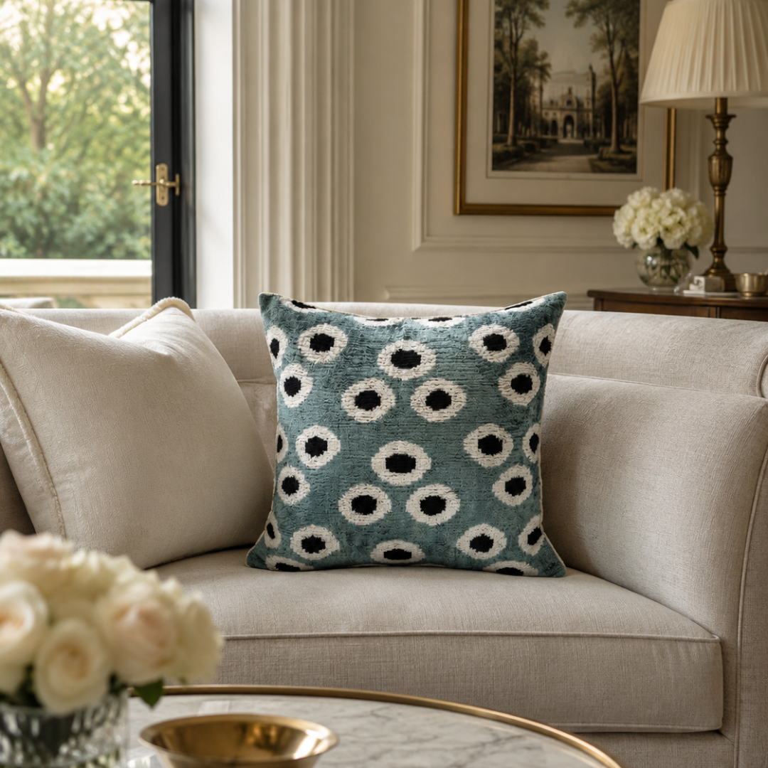 Aqua green silk velvet ikat pillow with white orb pattern styled on a cream sofa in an elegant living room, luxury home decor with classic furnishings and sophisticated editorial styling.
