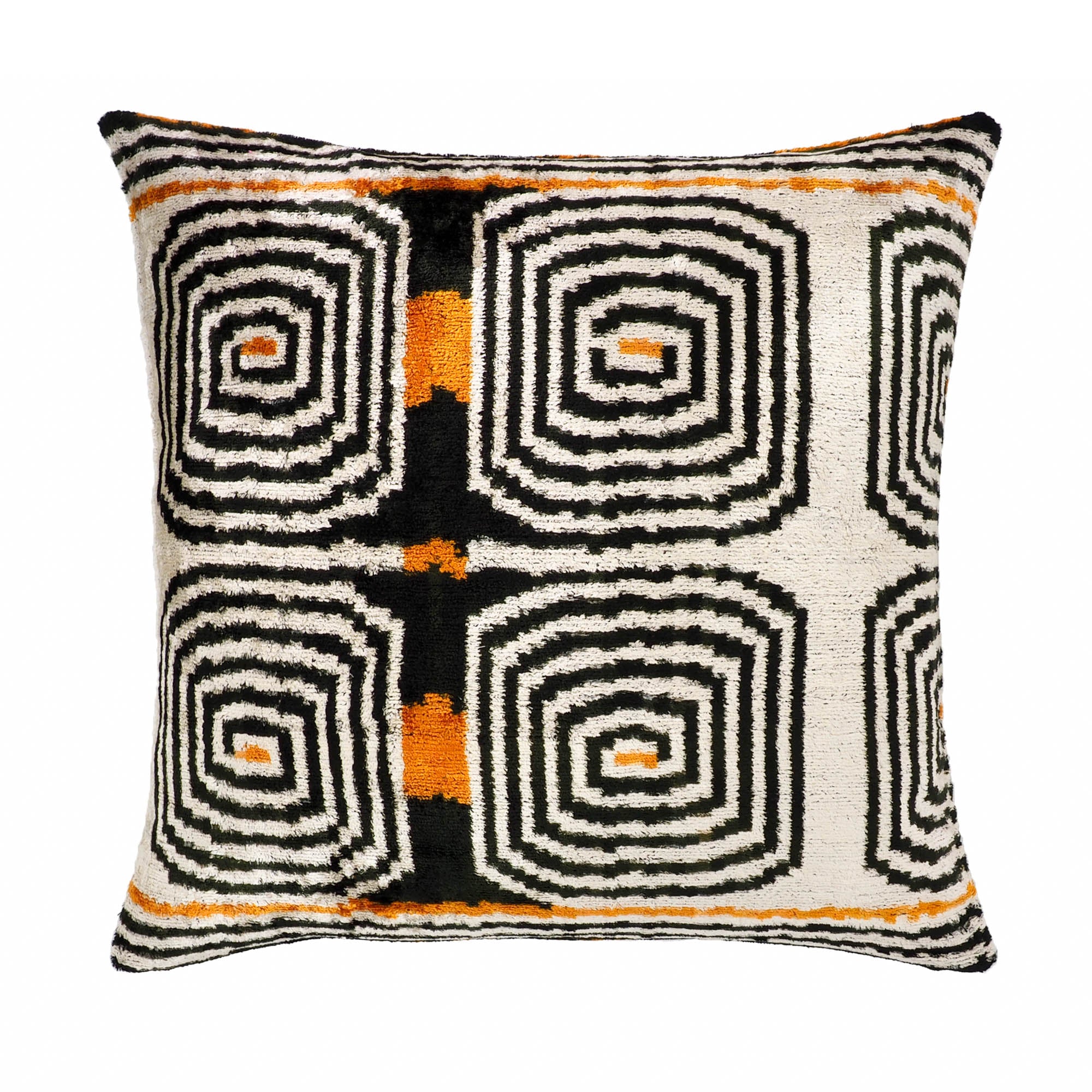 Handwoven Labyrinth Ikat pillow cover in silk velvet, designed with vibrant patterns for timeless interior elegance.
