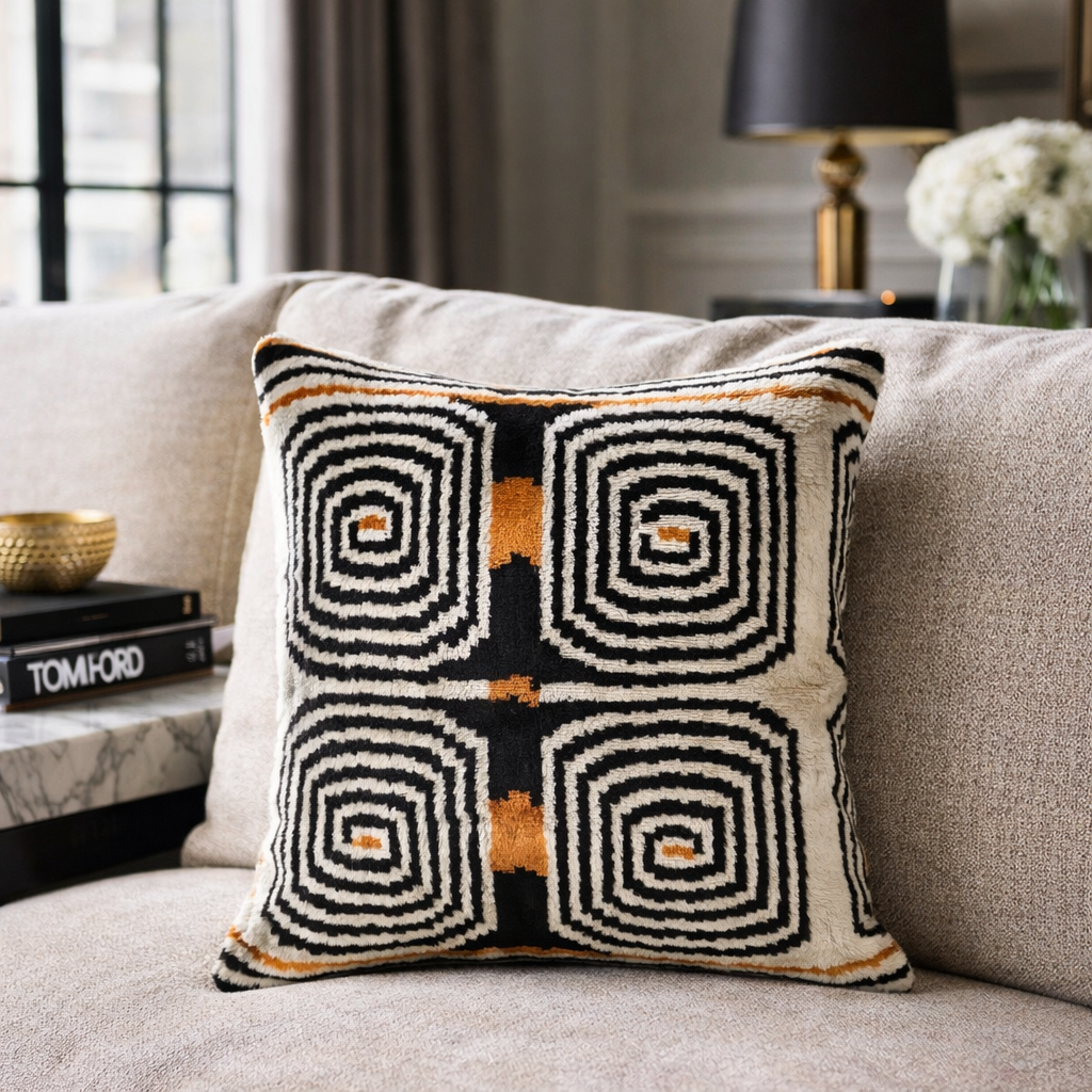 Silk velvet ikat throw pillow with bold black geometric labyrinth pattern and orange accents, styled on a neutral sofa with modern decor, luxury decorative accent cushion.