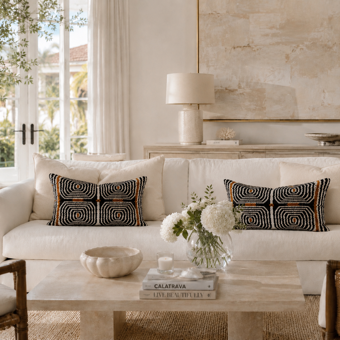 Handwoven silk velvet ikat lumbar pillow styled on an ivory sofa in a bright, modern living room with warm natural light and organic textures.