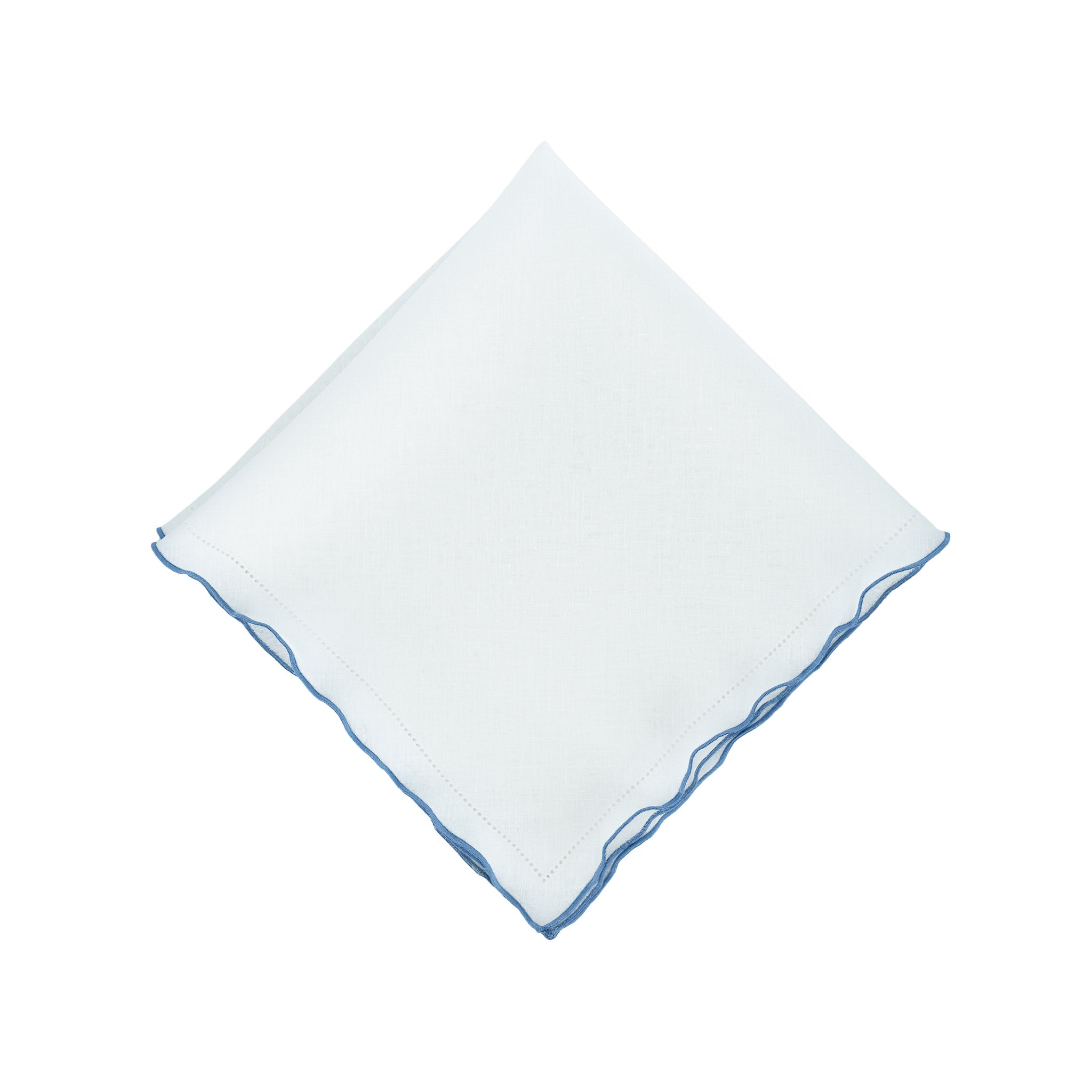 Luxurious white linen napkins with blue ruffled hemstitching, designed to enhance your dining experience.