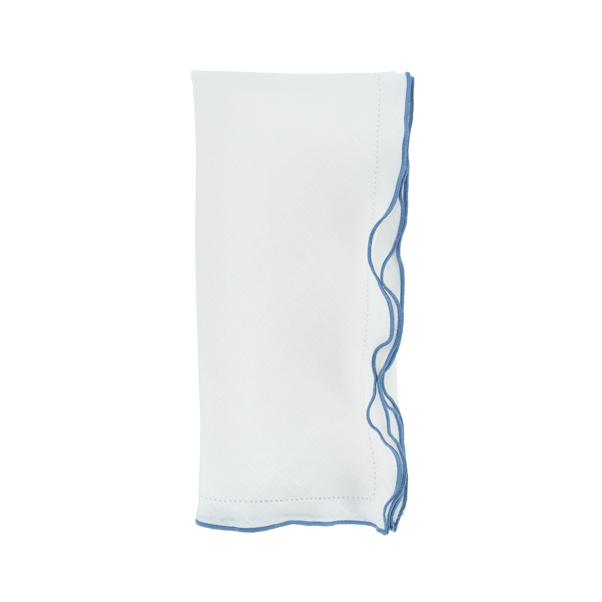 Premium white linen napkins featuring elegant blue ruffled hemstitch edges, ideal for adding a refined touch to your table decor.