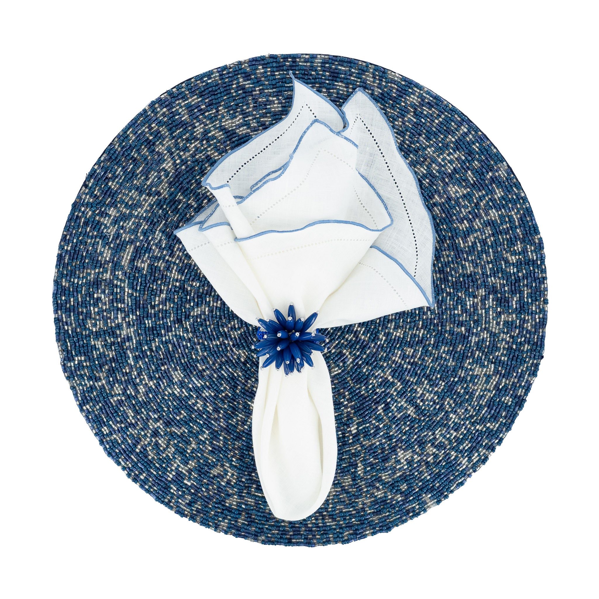 White linen napkins with blue ruffled hemstitch edges, crafted to bring a cheerful and sophisticated touch to your table settings.