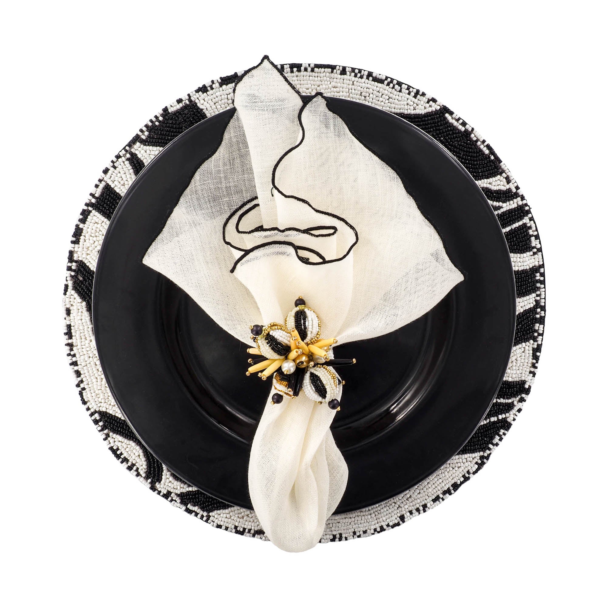 Linen Napkins With Black Ruffled Edges, Set of 4