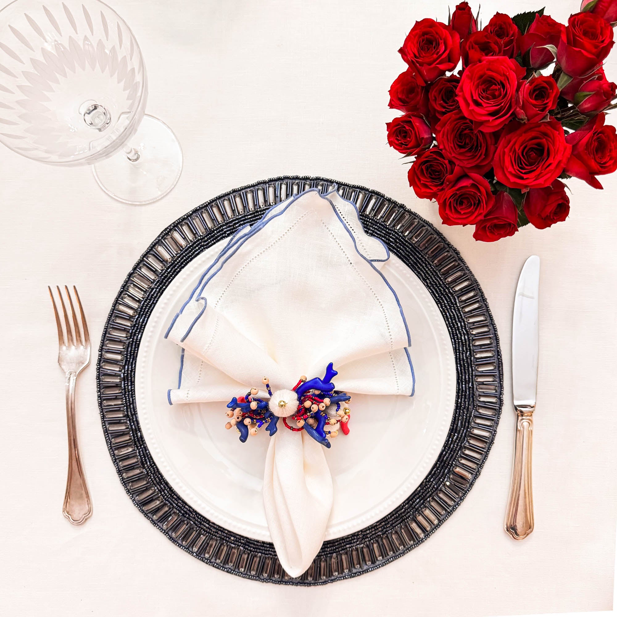 Linen Napkins With Blue Ruffled Hemstitch Edges, Set of 4
