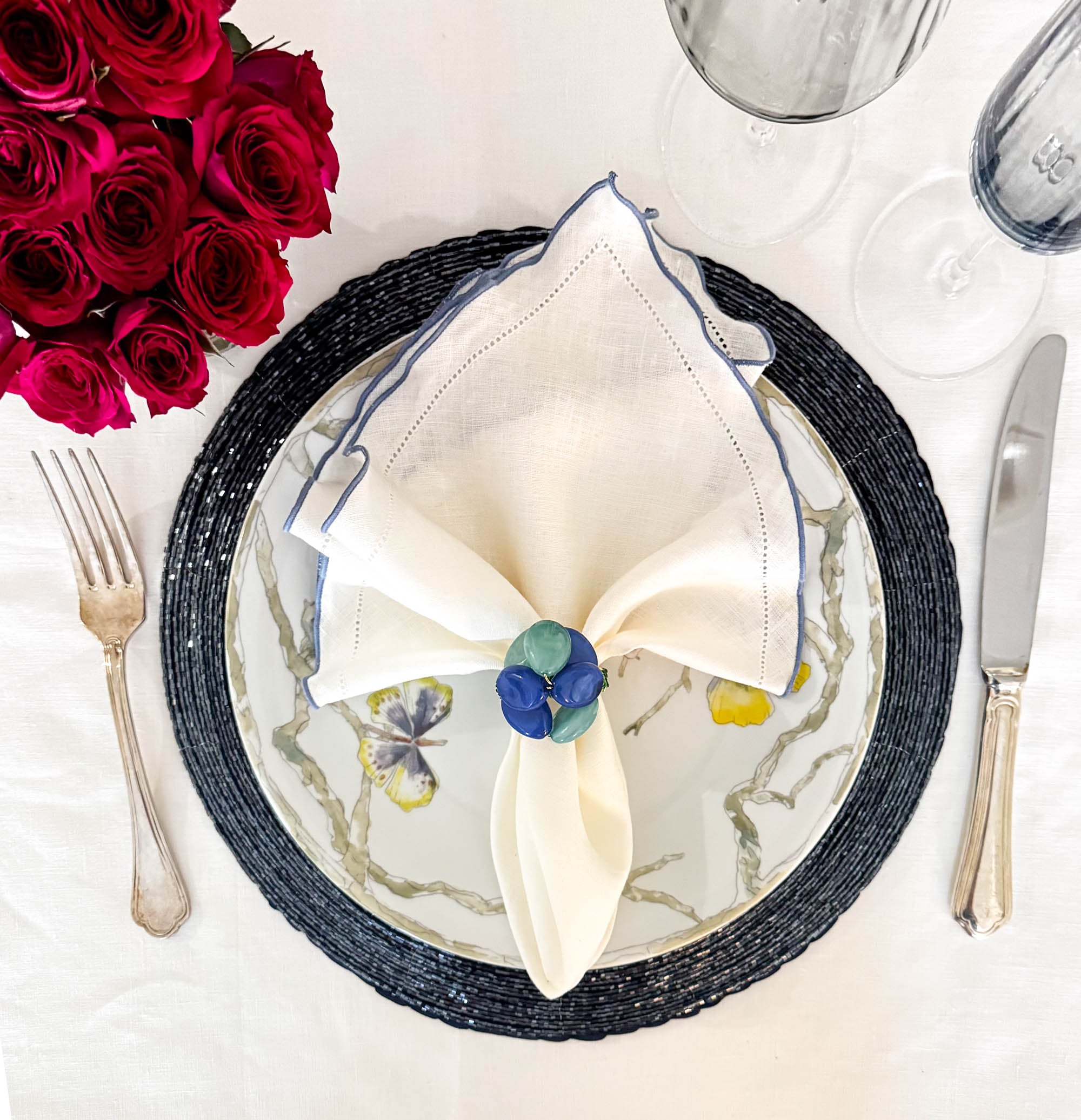 Linen Napkins With Blue Ruffled Hemstitch Edges, Set of 4