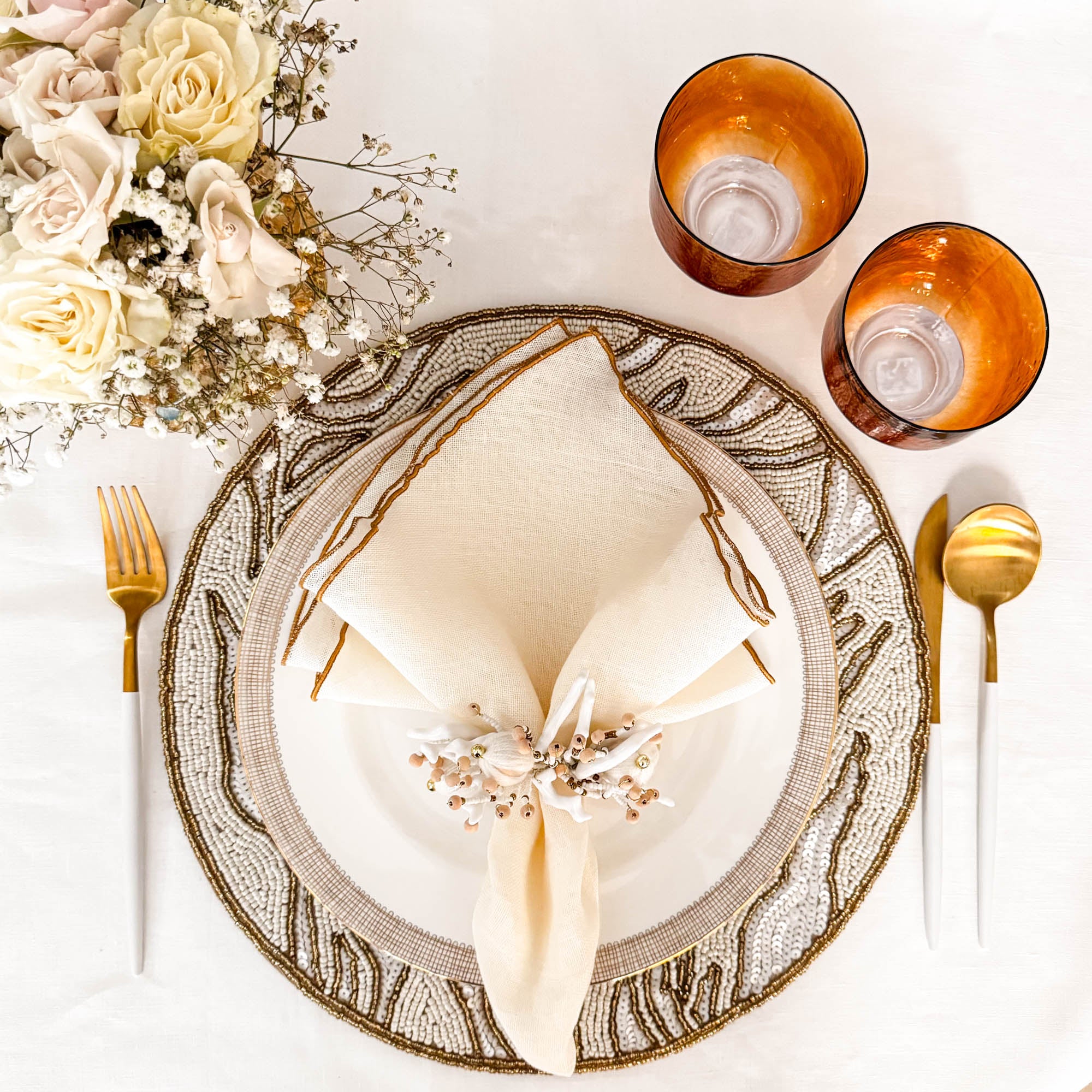 Linen Napkins With Gold Ruffled Edges, Set of 4