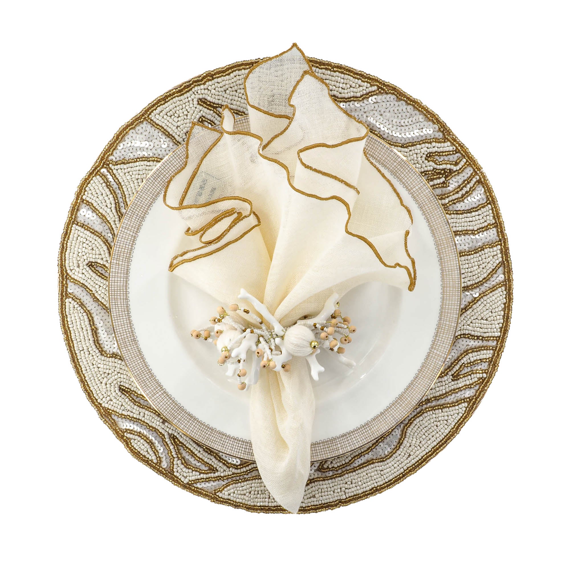 Linen Napkins With Gold Ruffled Edges, Set of 4