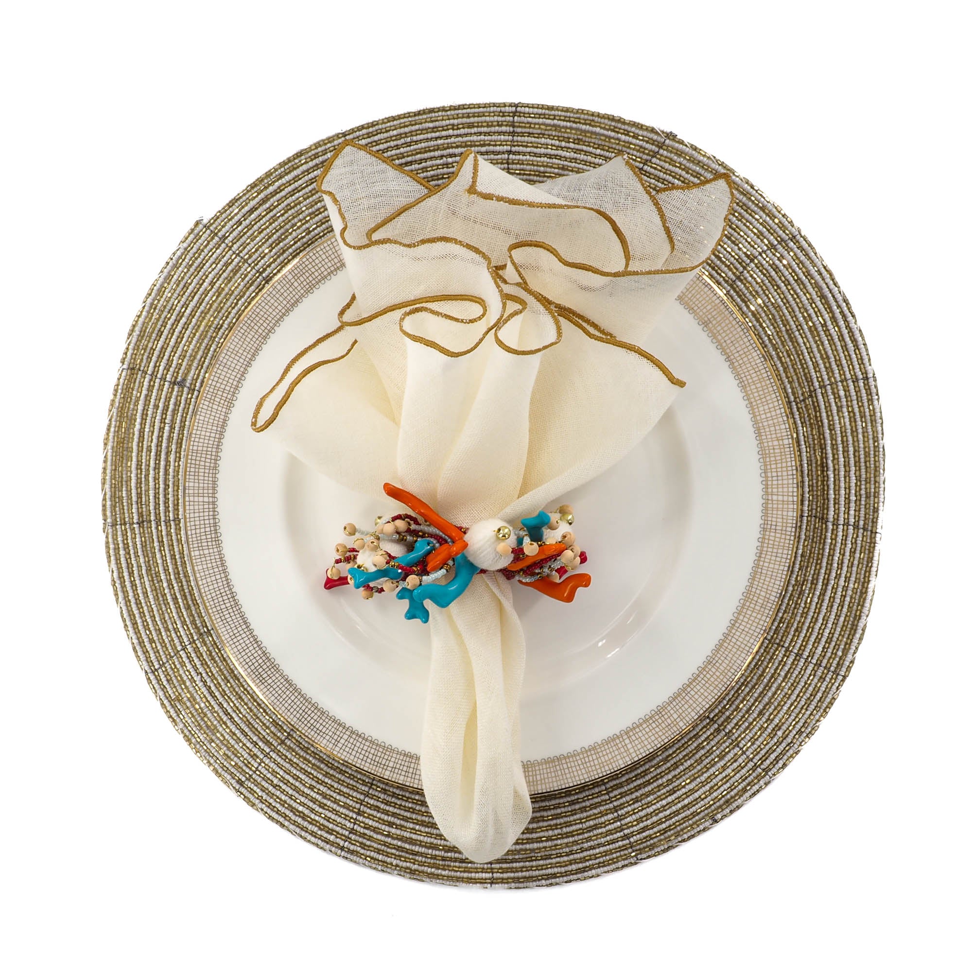 Linen Napkins With Gold Ruffled Edges, Set of 4