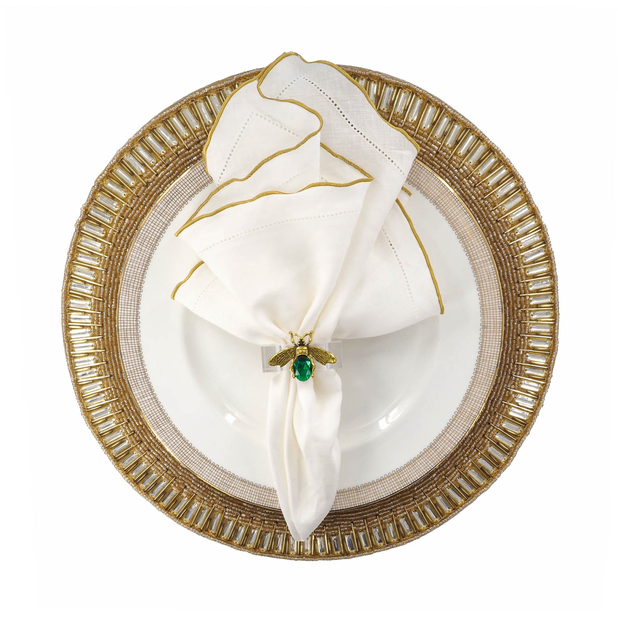 Luxurious linen napkins with gold hemstitching, designed to enhance your tabletops with a sophisticated touch.