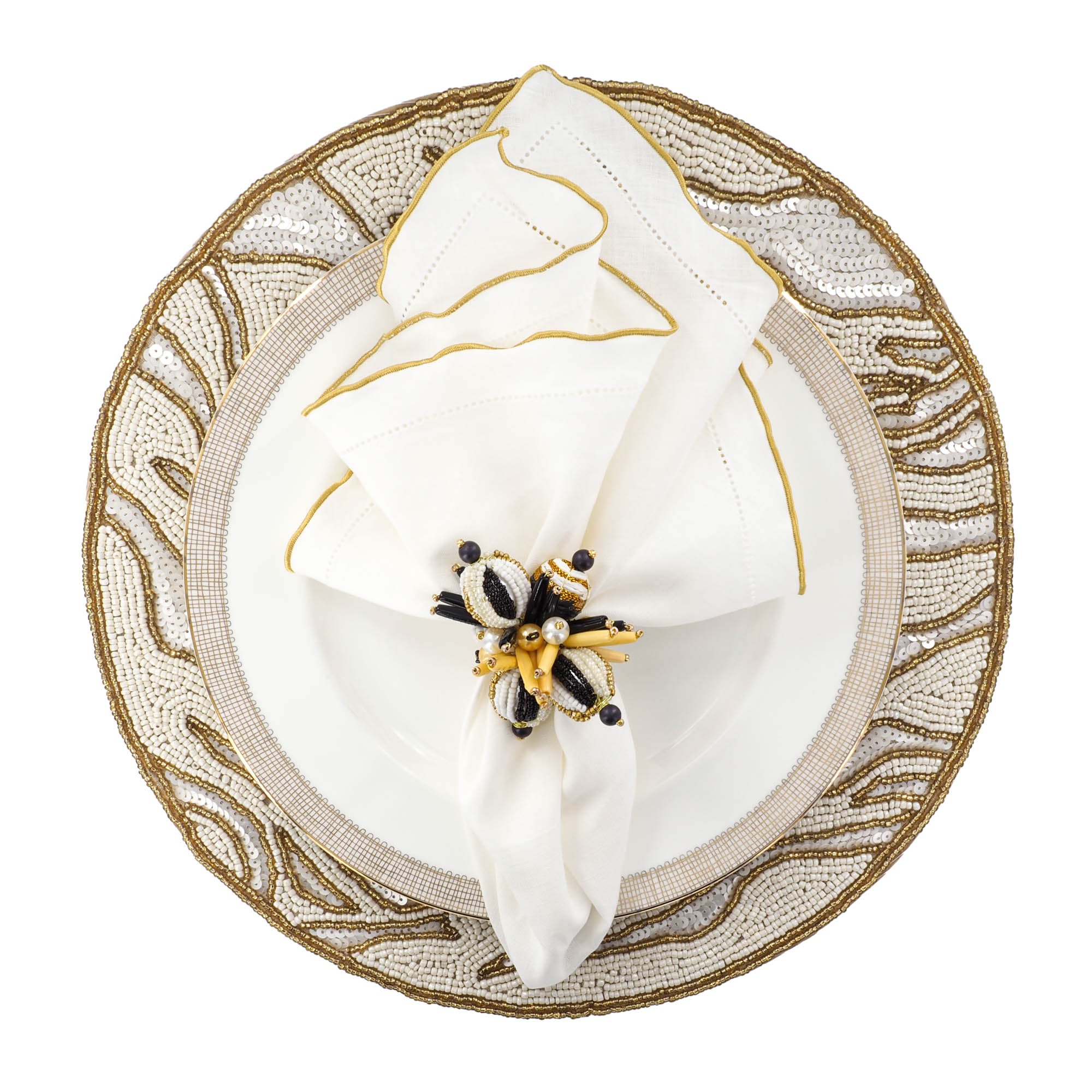 Linen Napkins With Gold Ruffled Hemstitch Edges, Set of 4