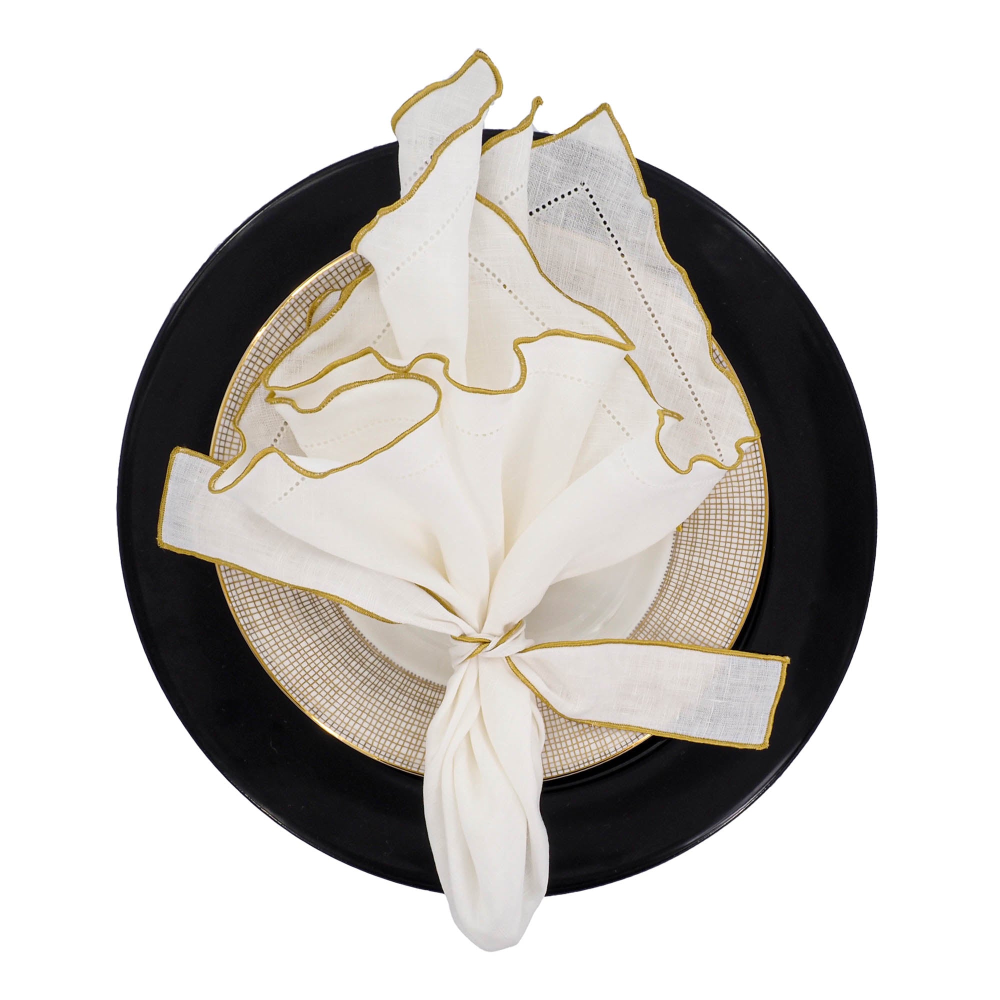 Set of four white 100% linen napkin with gold ruffled hemstitched .