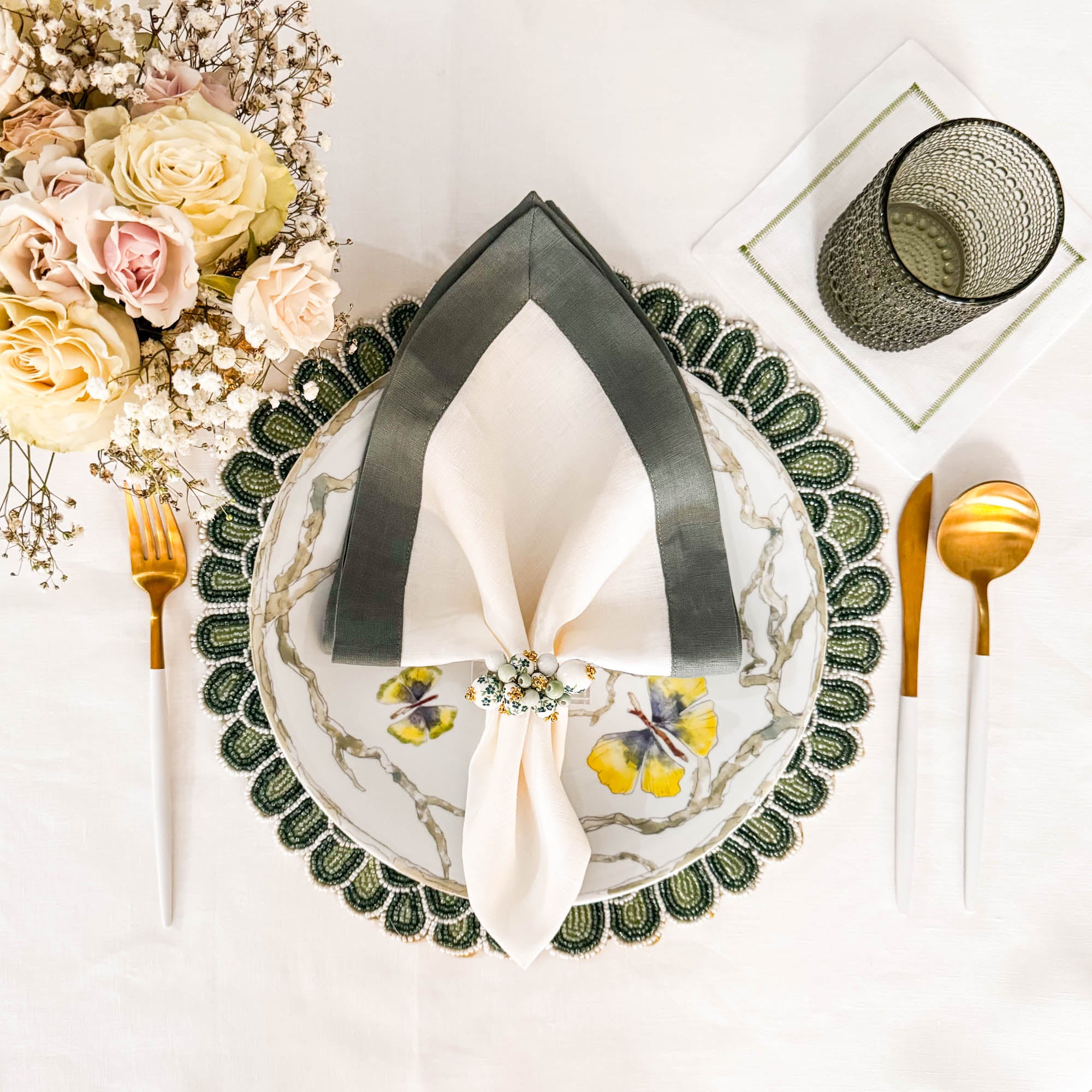 Linen Napkins With Green Borders, Set of 4