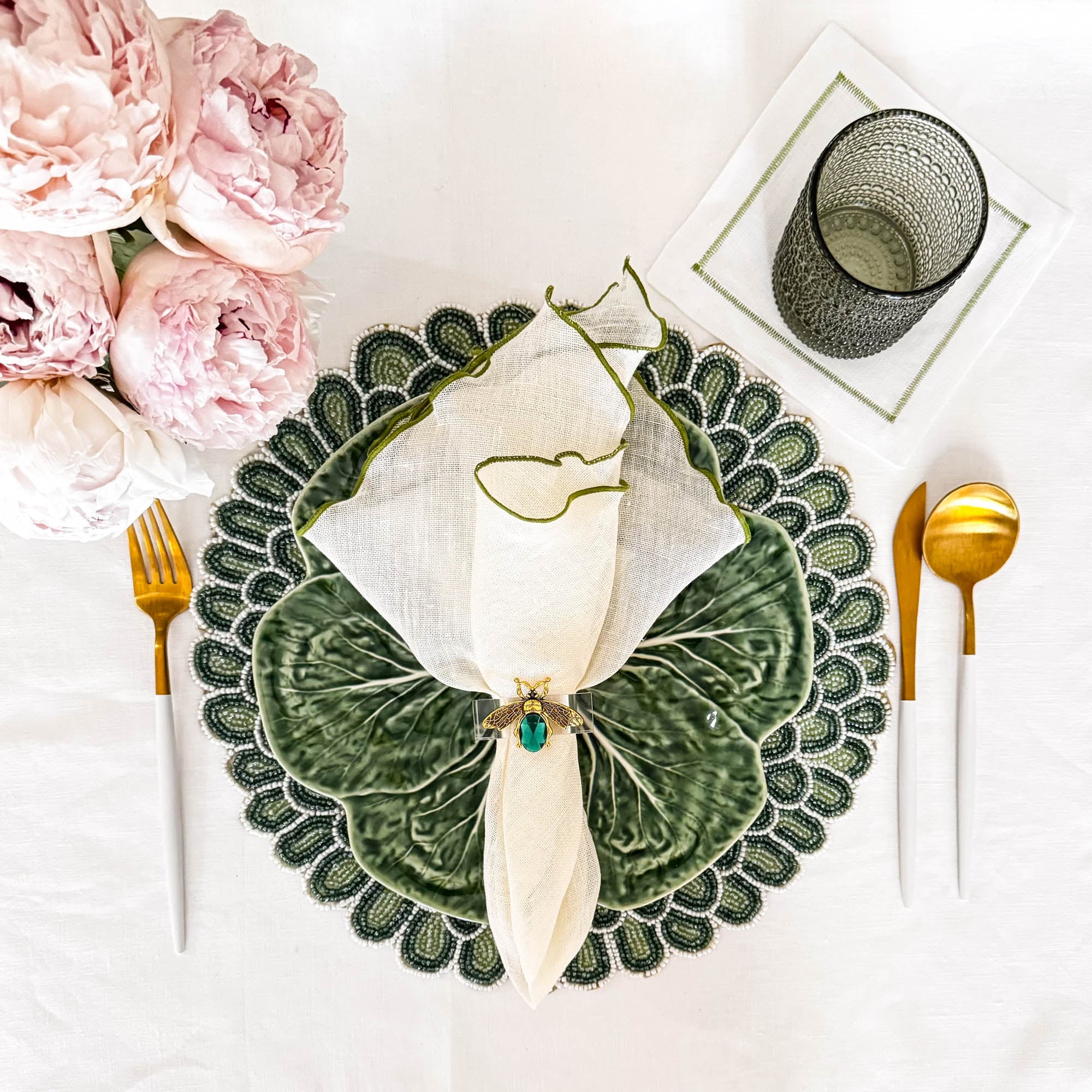 Linen Napkins With Green Ruffled Edges, Set of 4
