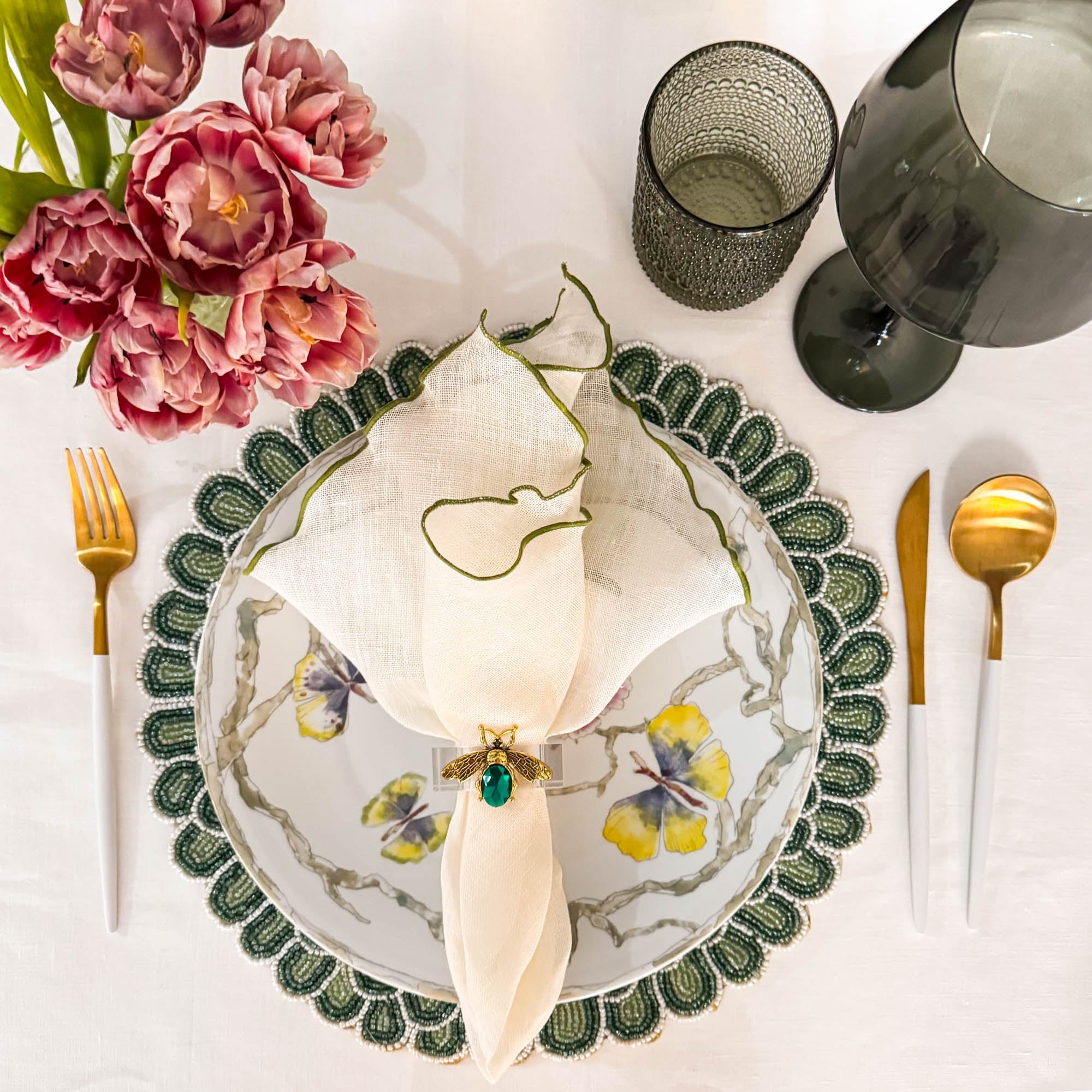 Linen Napkins With Green Ruffled Edges, Set of 4
