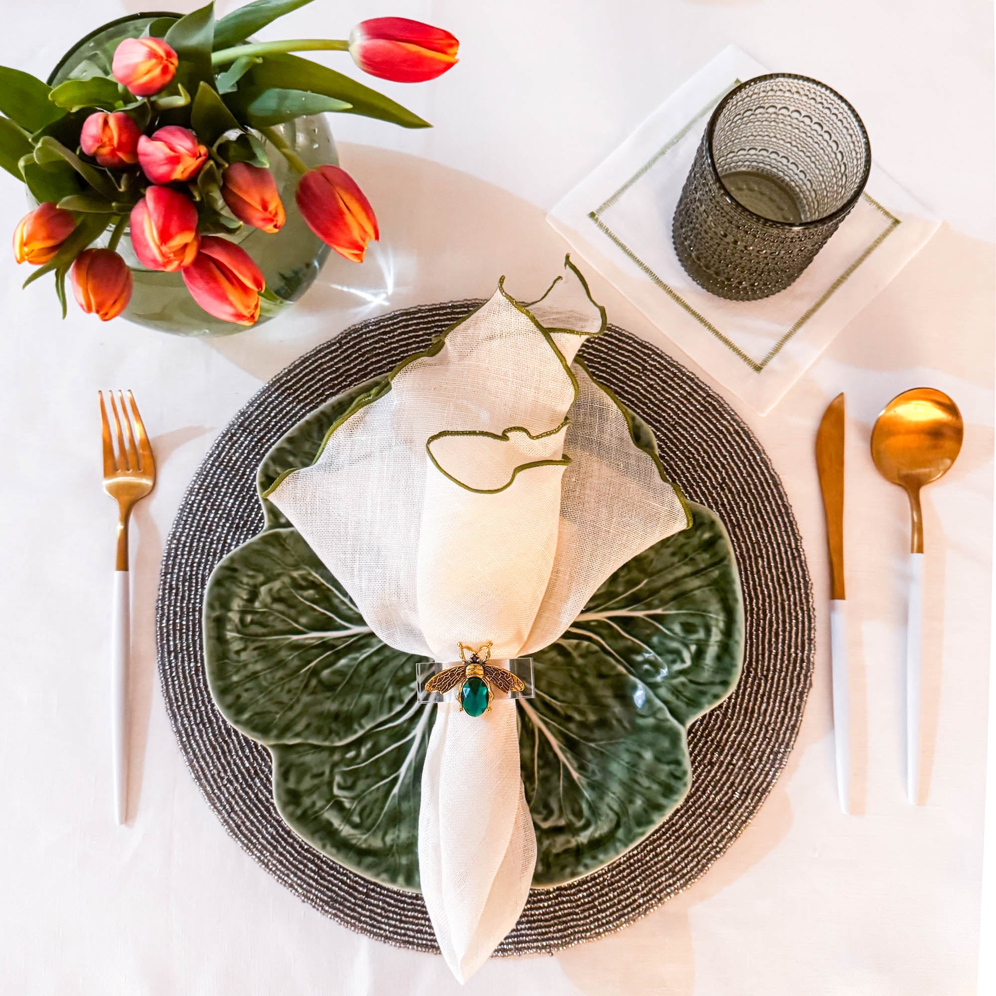Linen Napkins With Green Ruffled Edges, Set of 4
