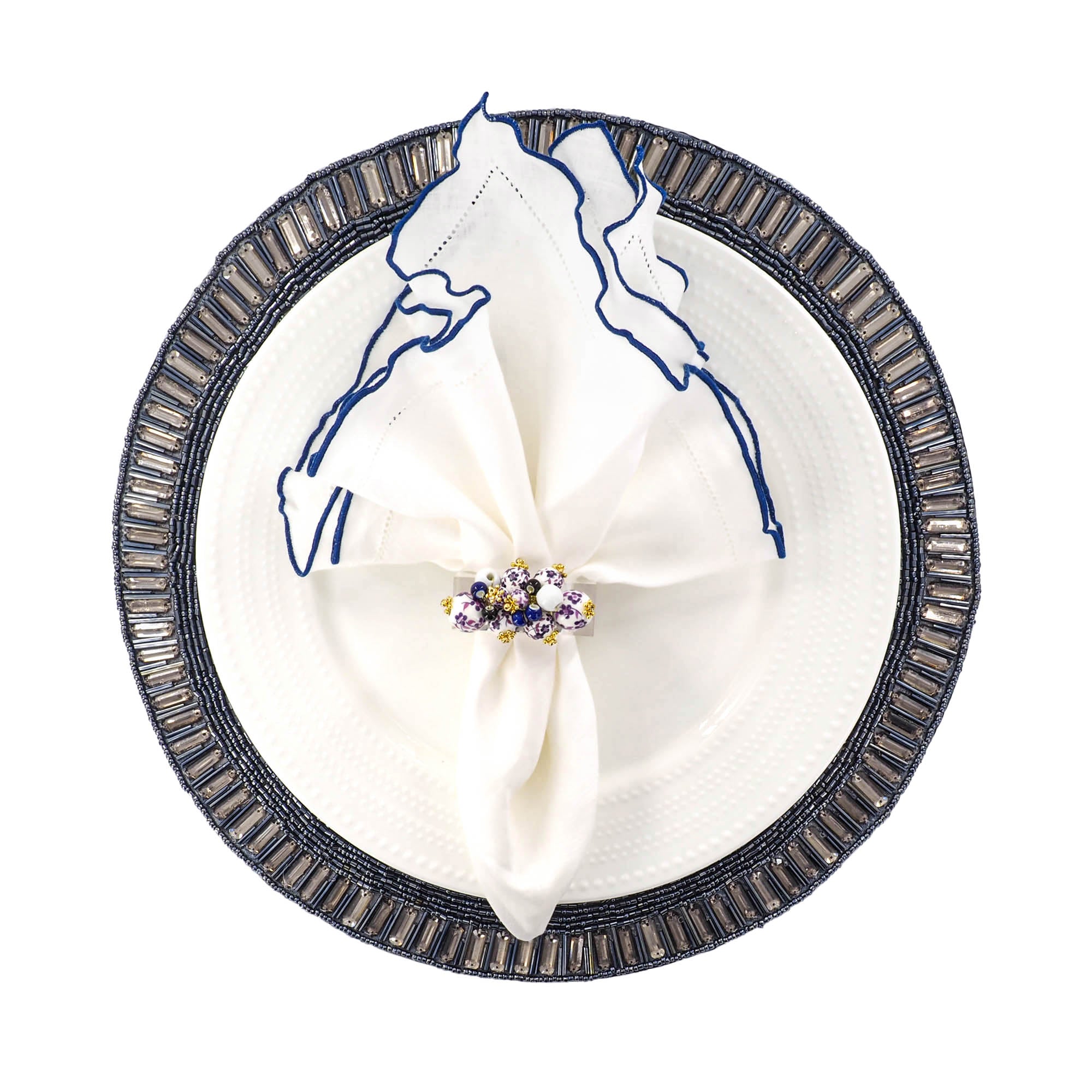 Linen Napkins With Navy Ruffled Hemstitch Edges, Set of 4